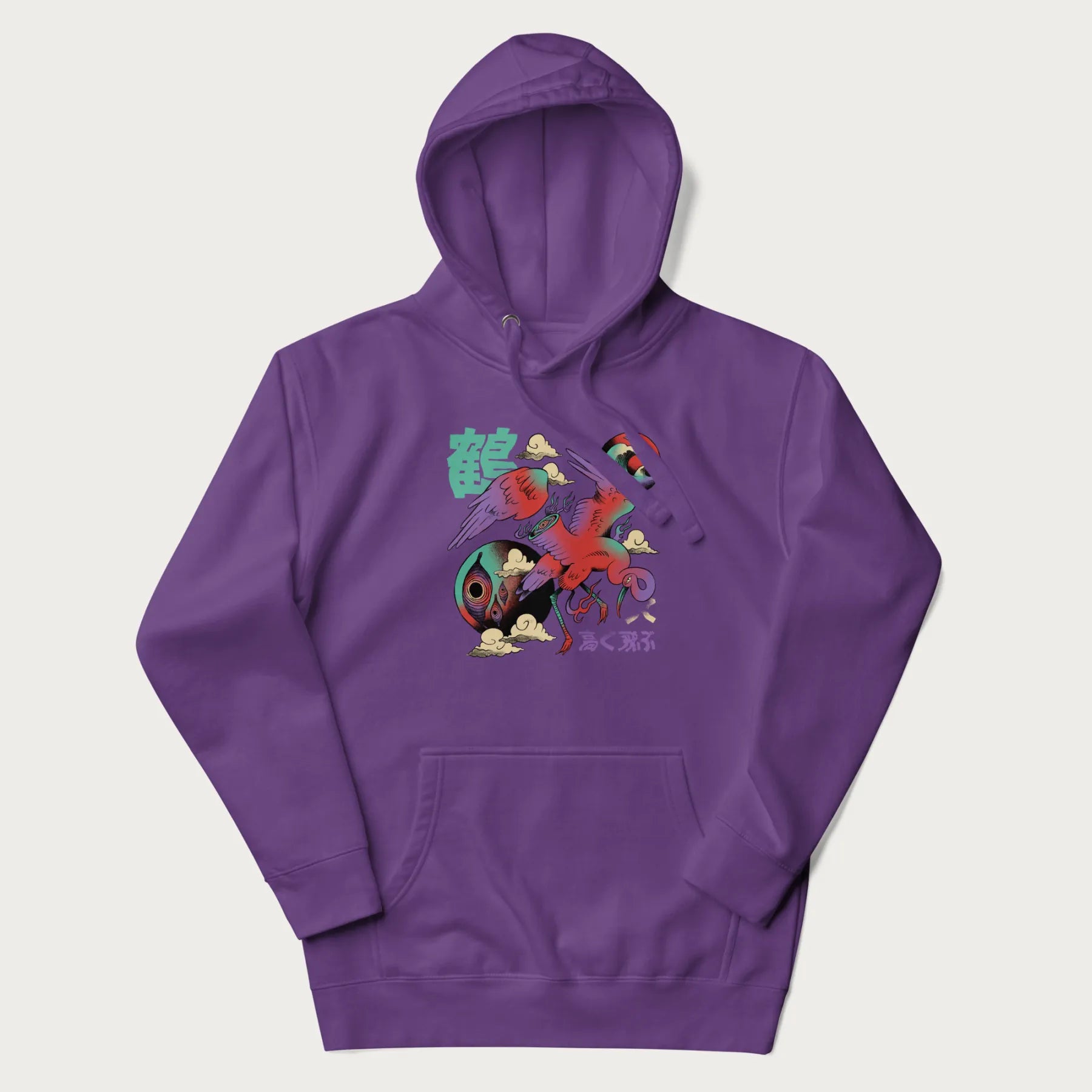 Purple hoodie with Japanese crane graphic in vibrant colors and Japanese text '鶴' (Crane) and '高く飛ぶ' (Fly High).