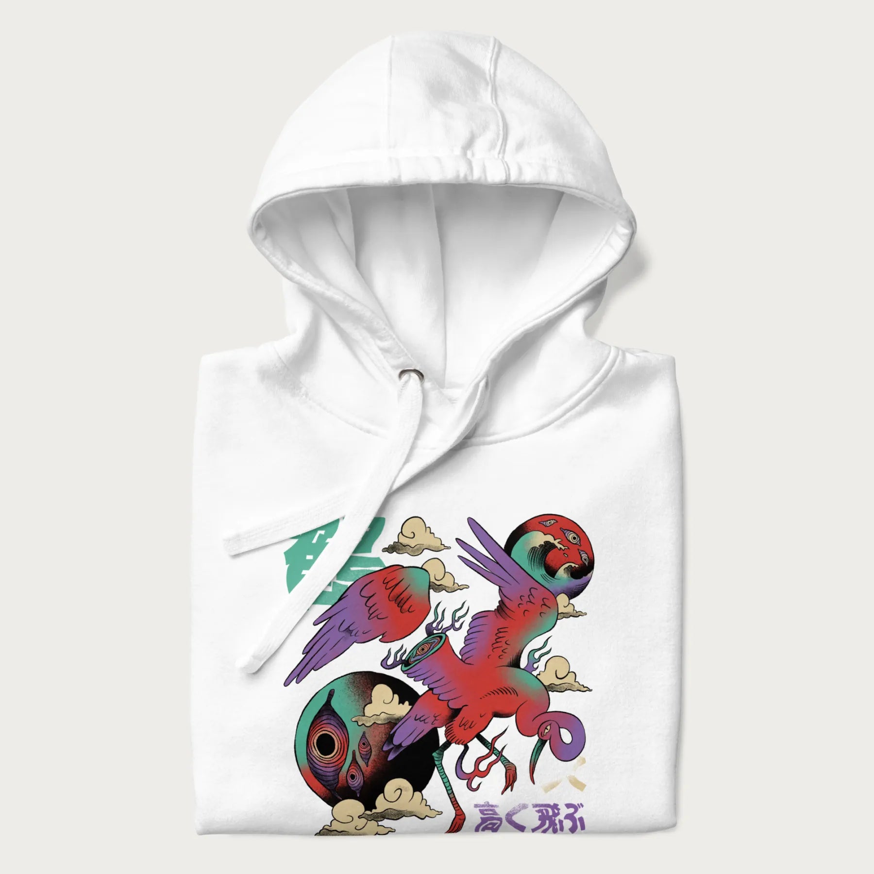 Folded white hoodie with Japanese crane graphic in vibrant colors and Japanese text '鶴' (Crane) and '高く飛ぶ' (Fly High).