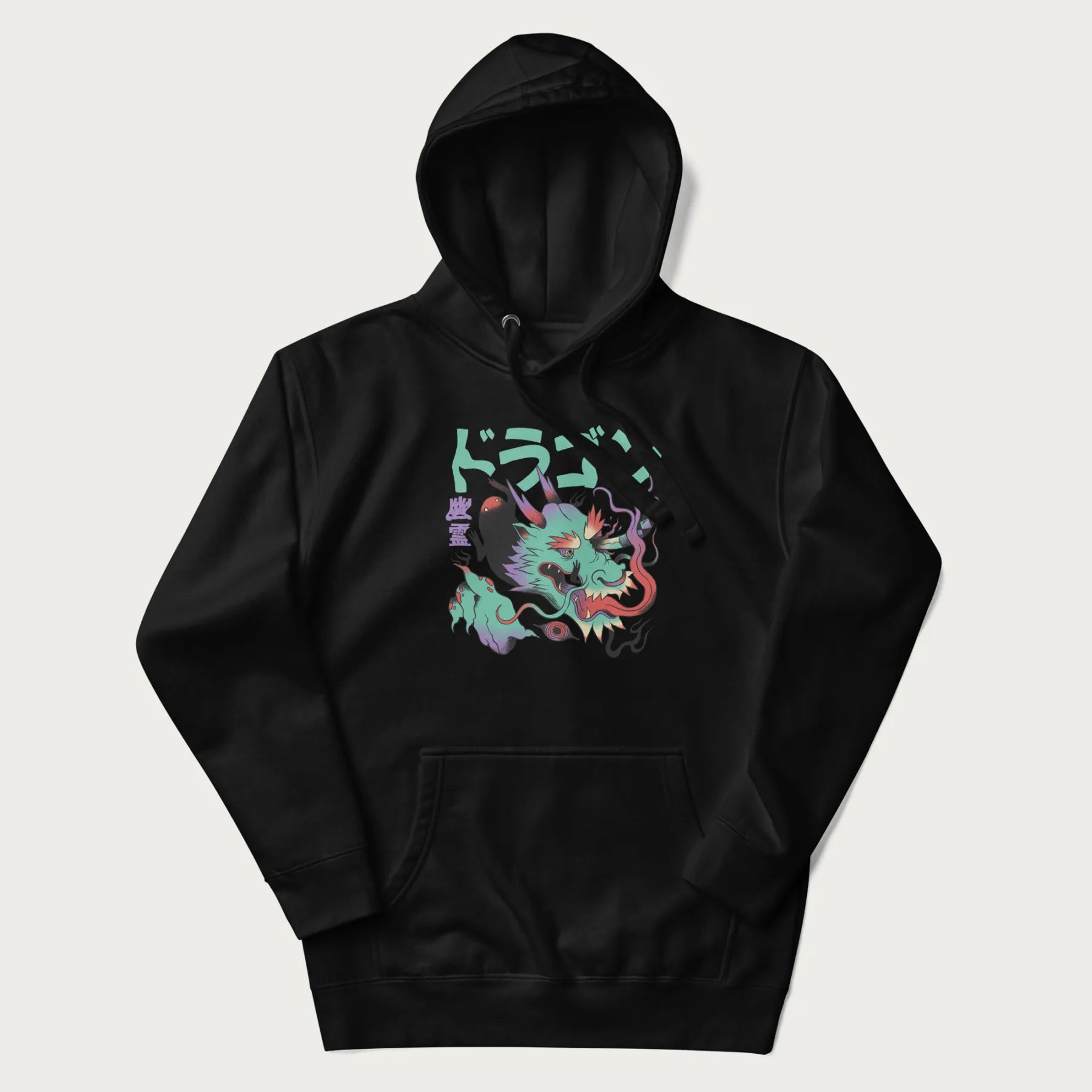 Black hoodie with Japanese dragon psychedelic graphic and Japanese text 'ドラゴン' (Dragon) and '幽霊' (Ghost) in stylized fonts.