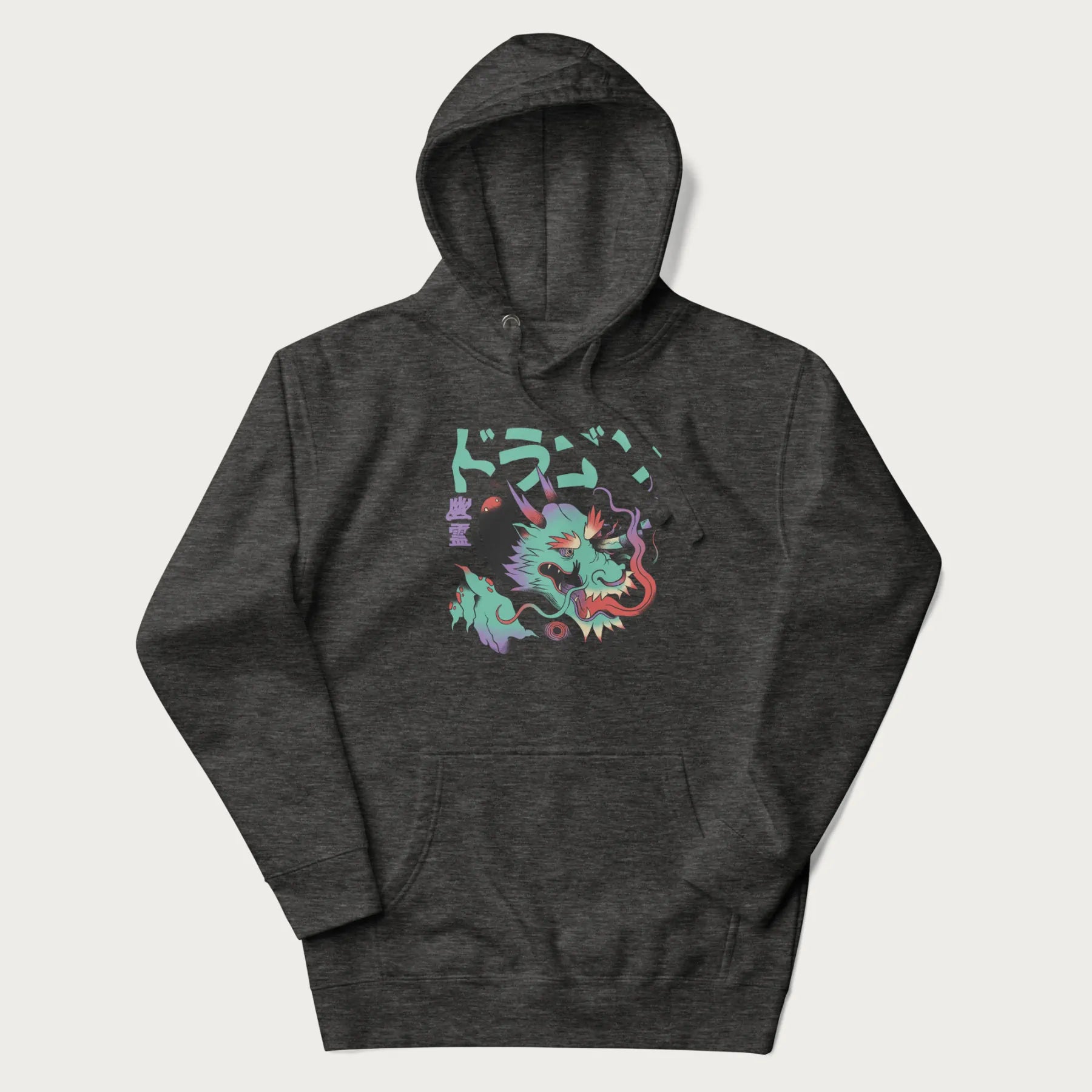 Dark grey hoodie with Japanese dragon psychedelic graphic and Japanese text 'ドラゴン' (Dragon) and '幽霊' (Ghost) in stylized fonts.
