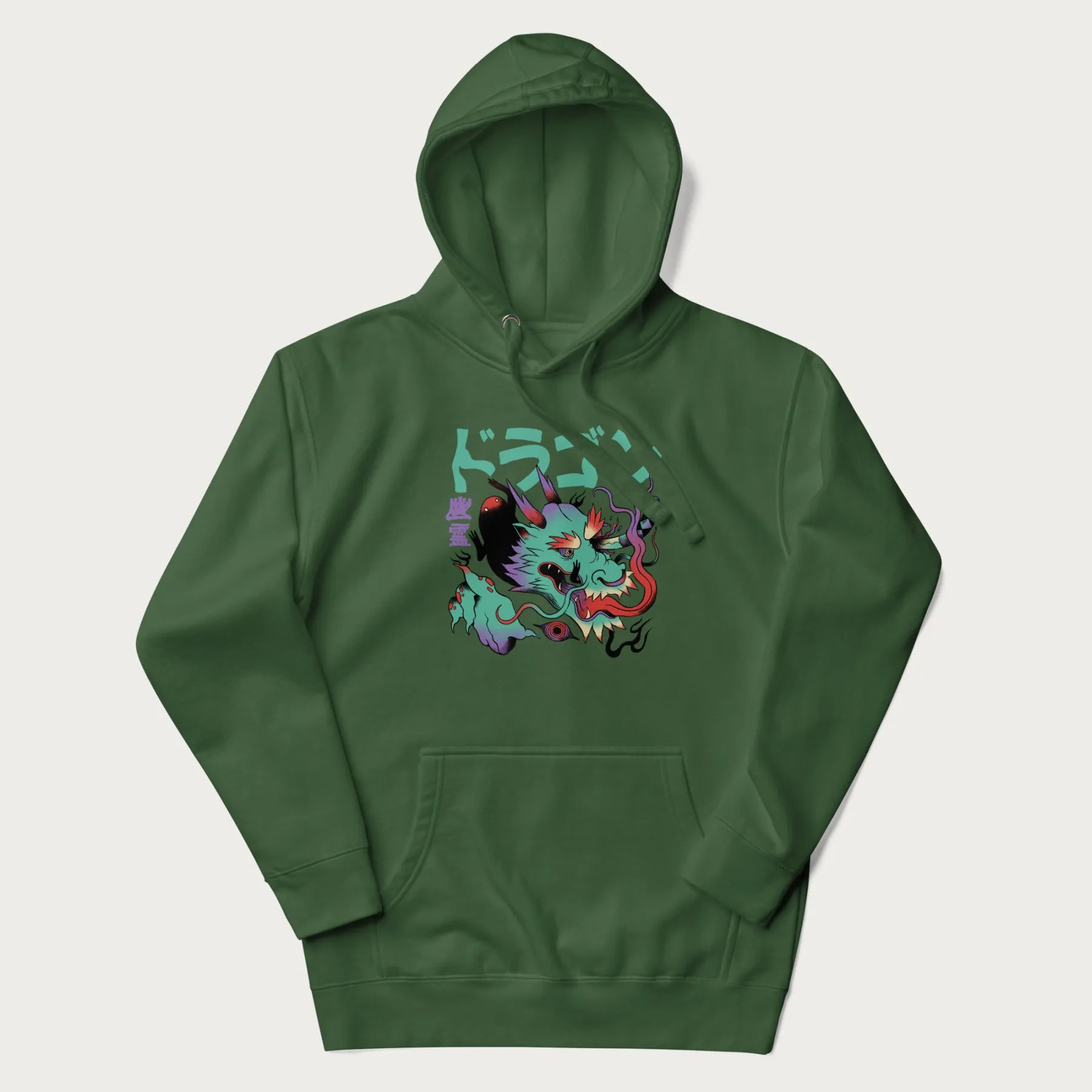 Forest green hoodie with Japanese dragon psychedelic graphic and Japanese text 'ドラゴン' (Dragon) and '幽霊' (Ghost) in stylized fonts.