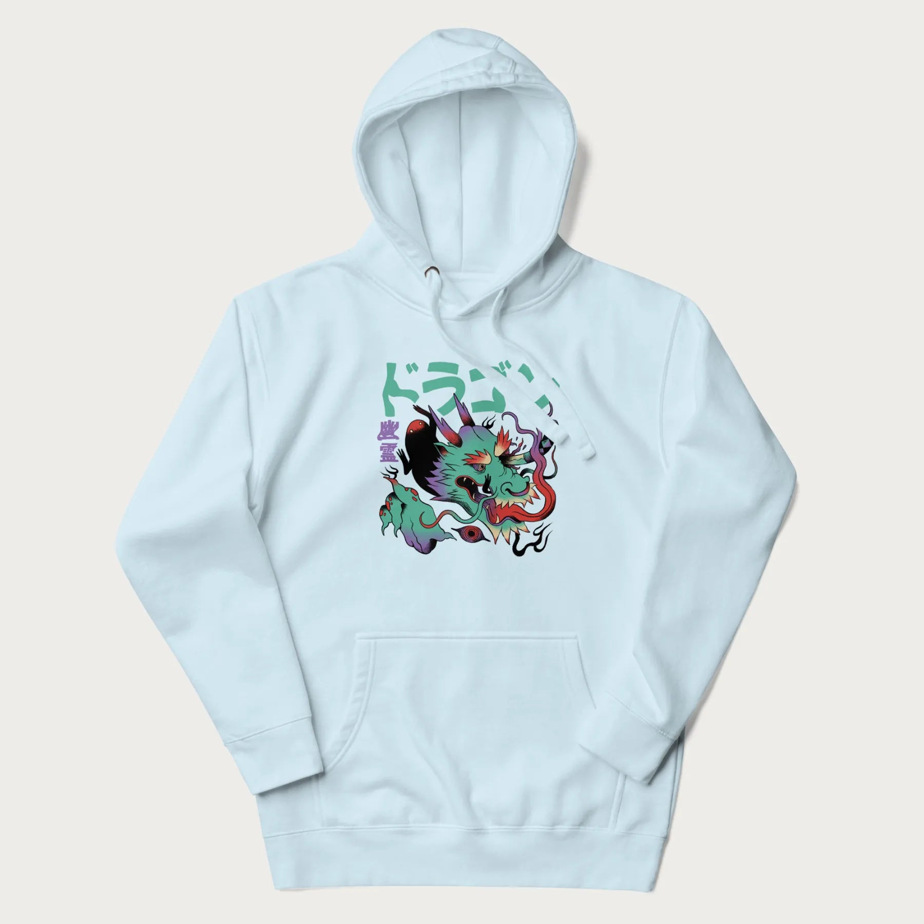 Light blue hoodie with Japanese dragon psychedelic graphic and Japanese text 'ドラゴン' (Dragon) and '幽霊' (Ghost) in stylized fonts.