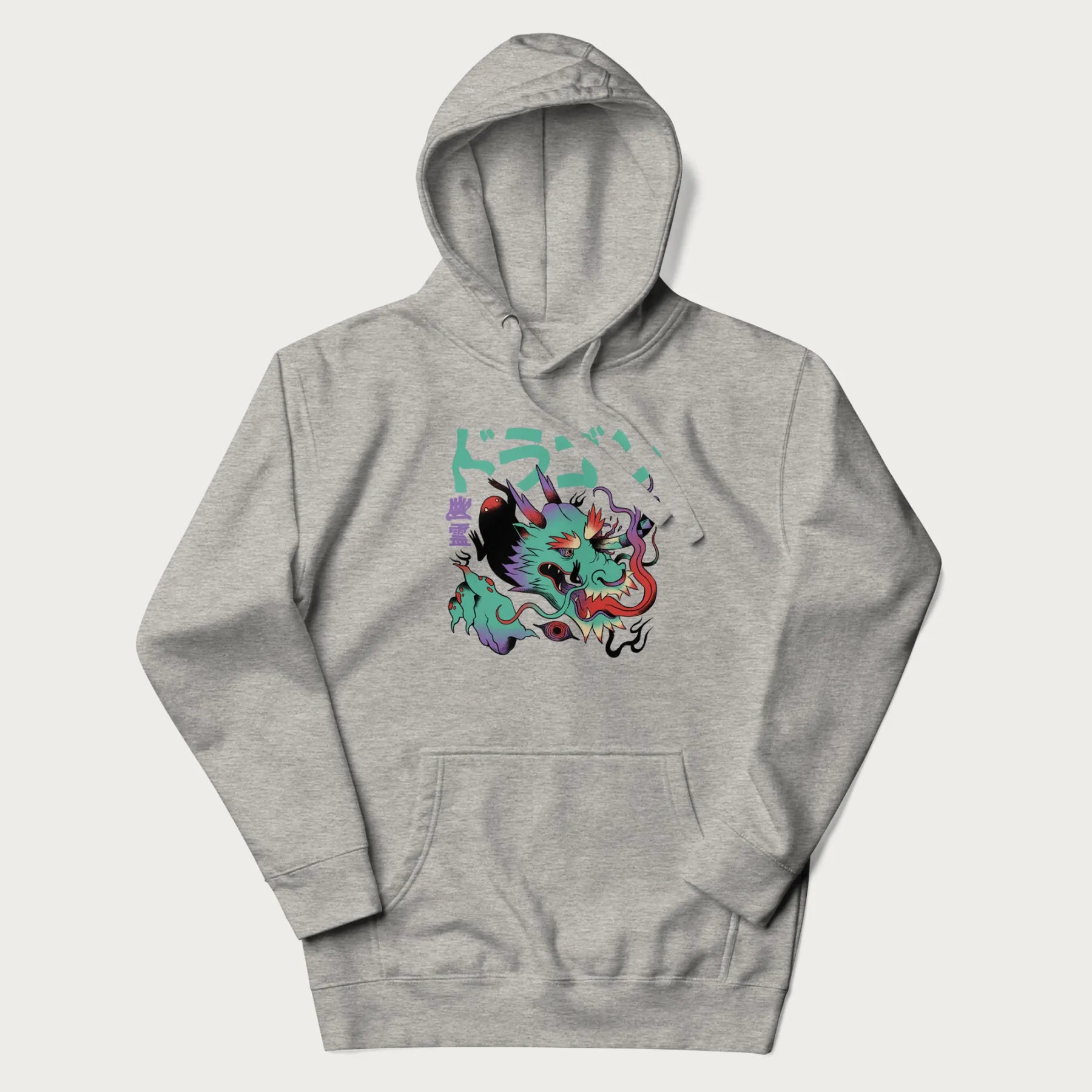 Light grey hoodie with Japanese dragon psychedelic graphic and Japanese text 'ドラゴン' (Dragon) and '幽霊' (Ghost) in stylized fonts.