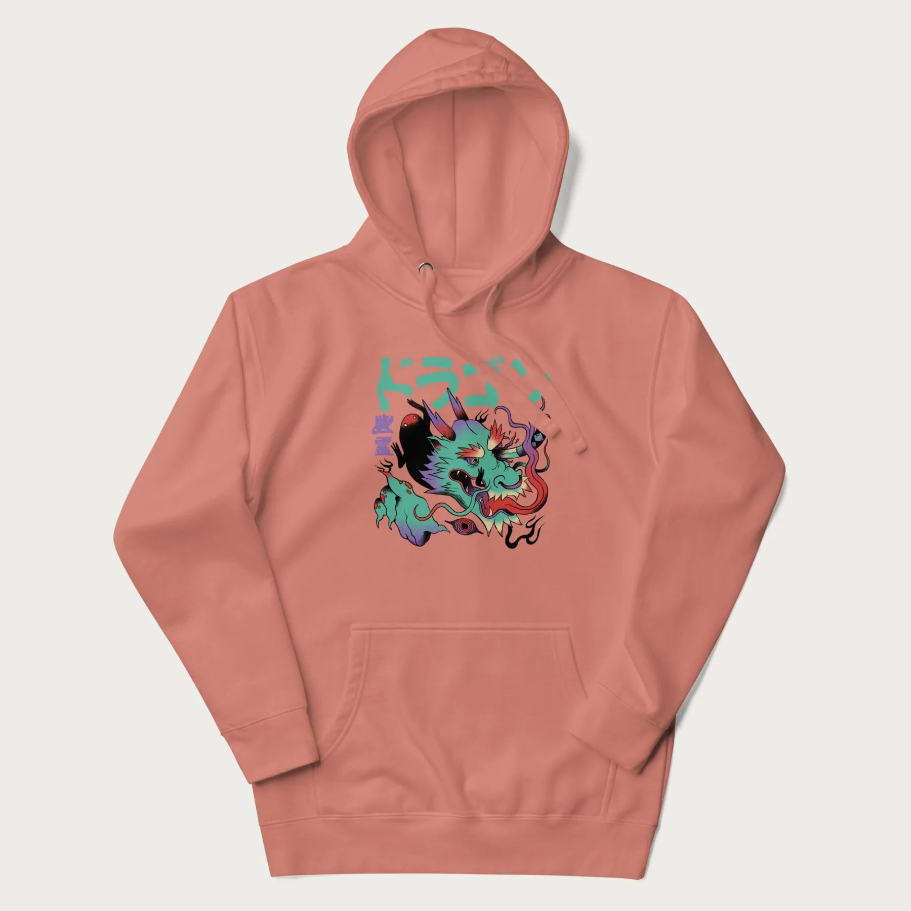 Light pink hoodie with Japanese dragon psychedelic graphic and Japanese text 'ドラゴン' (Dragon) and '幽霊' (Ghost) in stylized fonts.