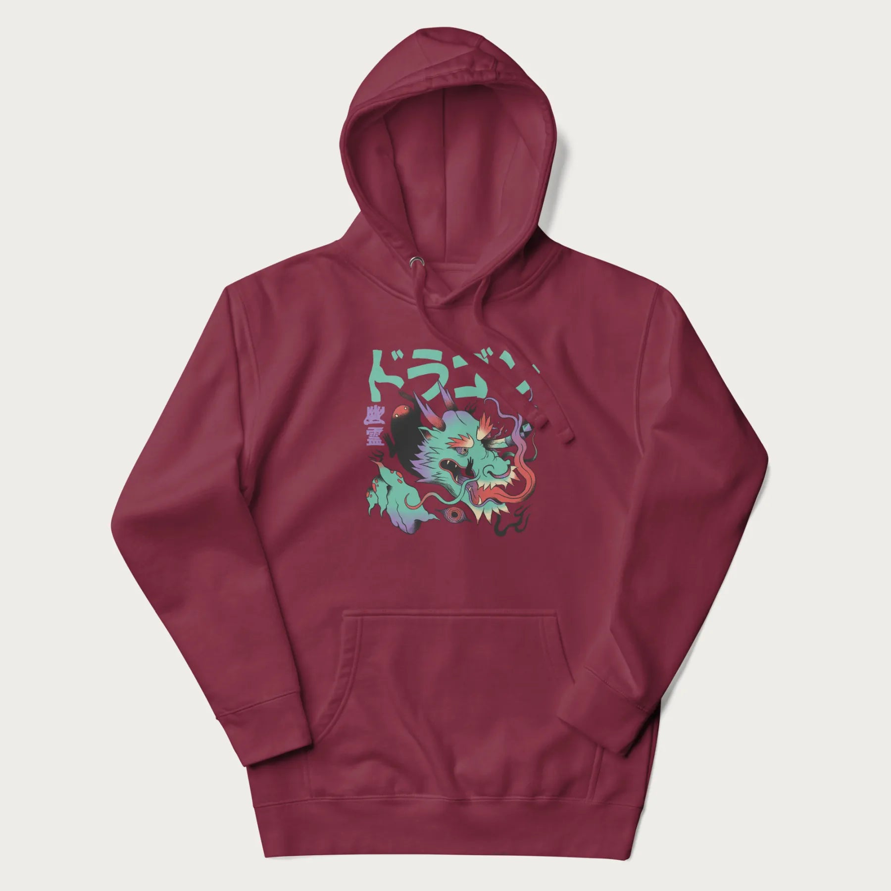 Maroon hoodie with Japanese dragon psychedelic graphic and Japanese text 'ドラゴン' (Dragon) and '幽霊' (Ghost) in stylized fonts.