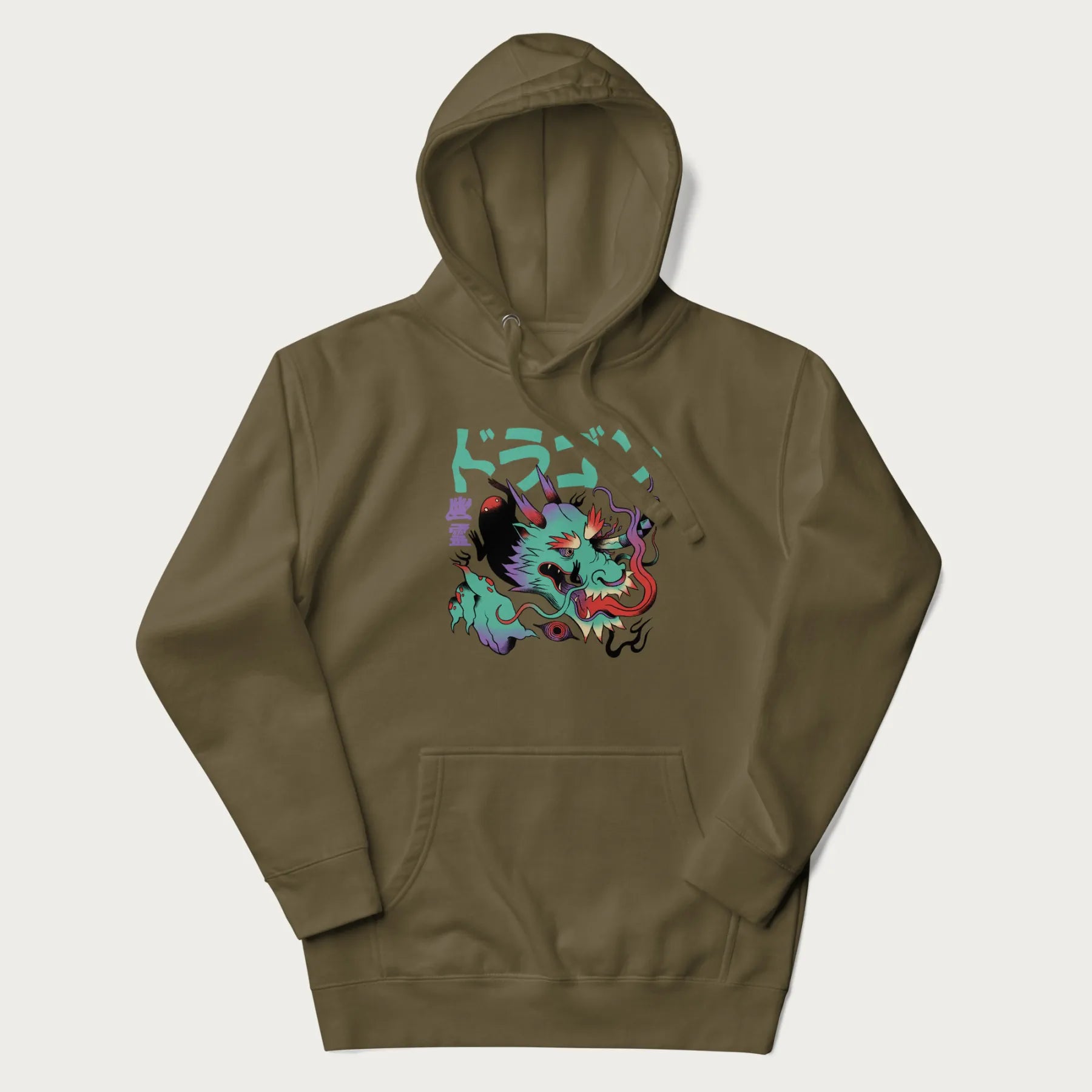 Military green hoodie with Japanese dragon psychedelic graphic and Japanese text 'ドラゴン' (Dragon) and '幽霊' (Ghost) in stylized fonts.
