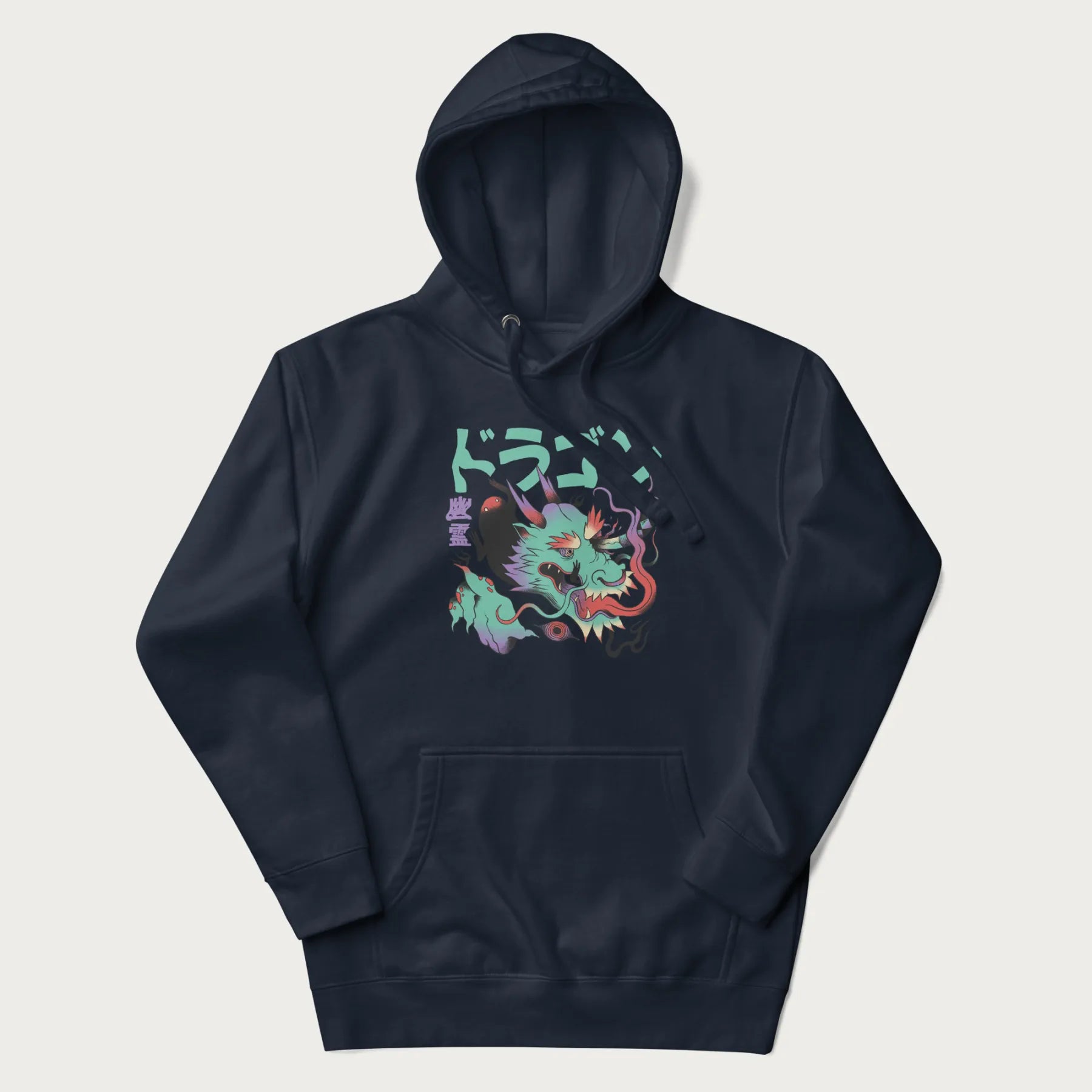 Navy blue hoodie with Japanese dragon psychedelic graphic and Japanese text 'ドラゴン' (Dragon) and '幽霊' (Ghost) in stylized fonts.