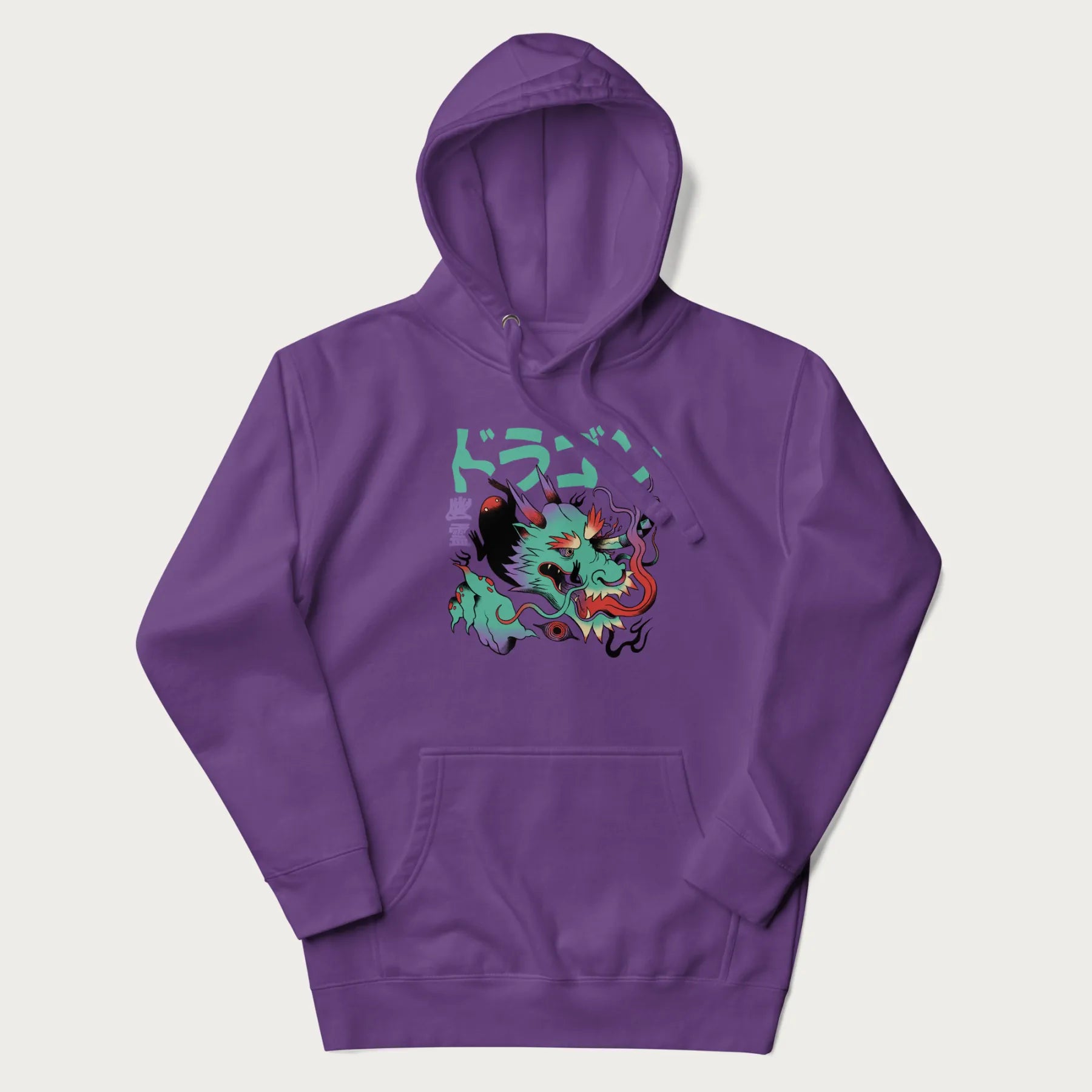 Purple hoodie with Japanese dragon psychedelic graphic and Japanese text 'ドラゴン' (Dragon) and '幽霊' (Ghost) in stylized fonts.