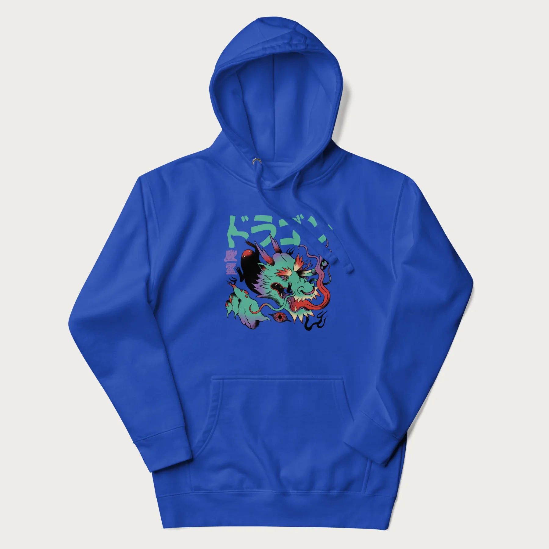Royal blue hoodie with Japanese dragon psychedelic graphic and Japanese text 'ドラゴン' (Dragon) and '幽霊' (Ghost) in stylized fonts.