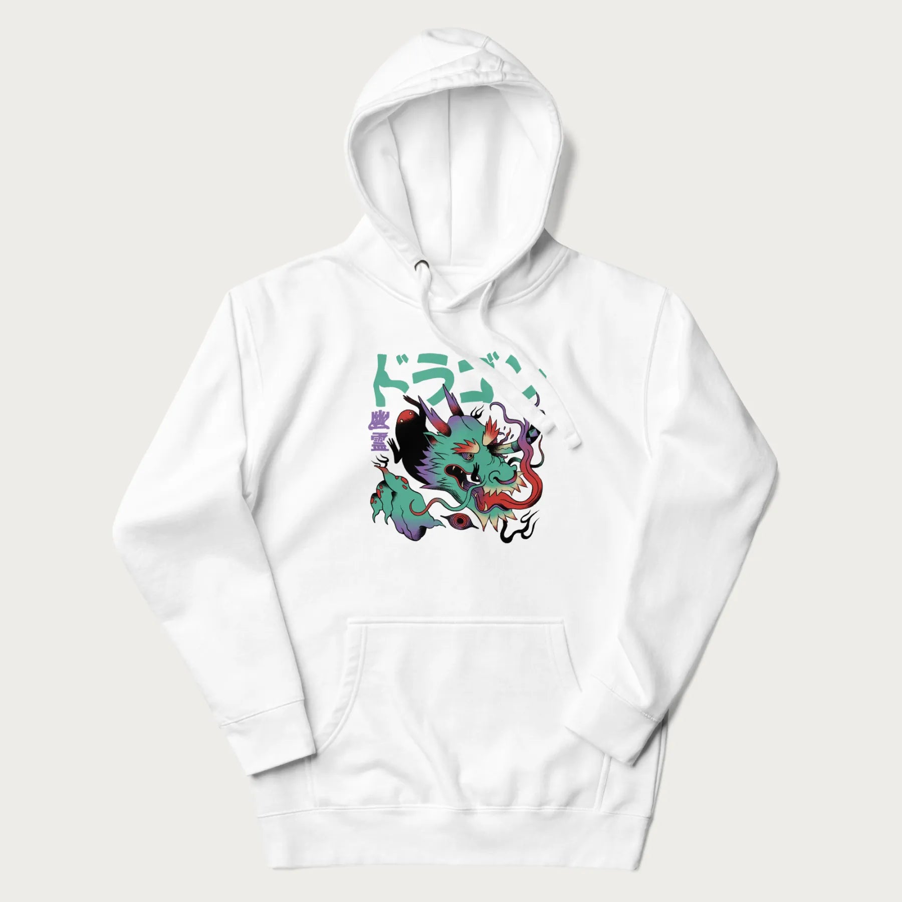 White hoodie with Japanese dragon psychedelic graphic and Japanese text 'ドラゴン' (Dragon) and '幽霊' (Ghost) in stylized fonts.