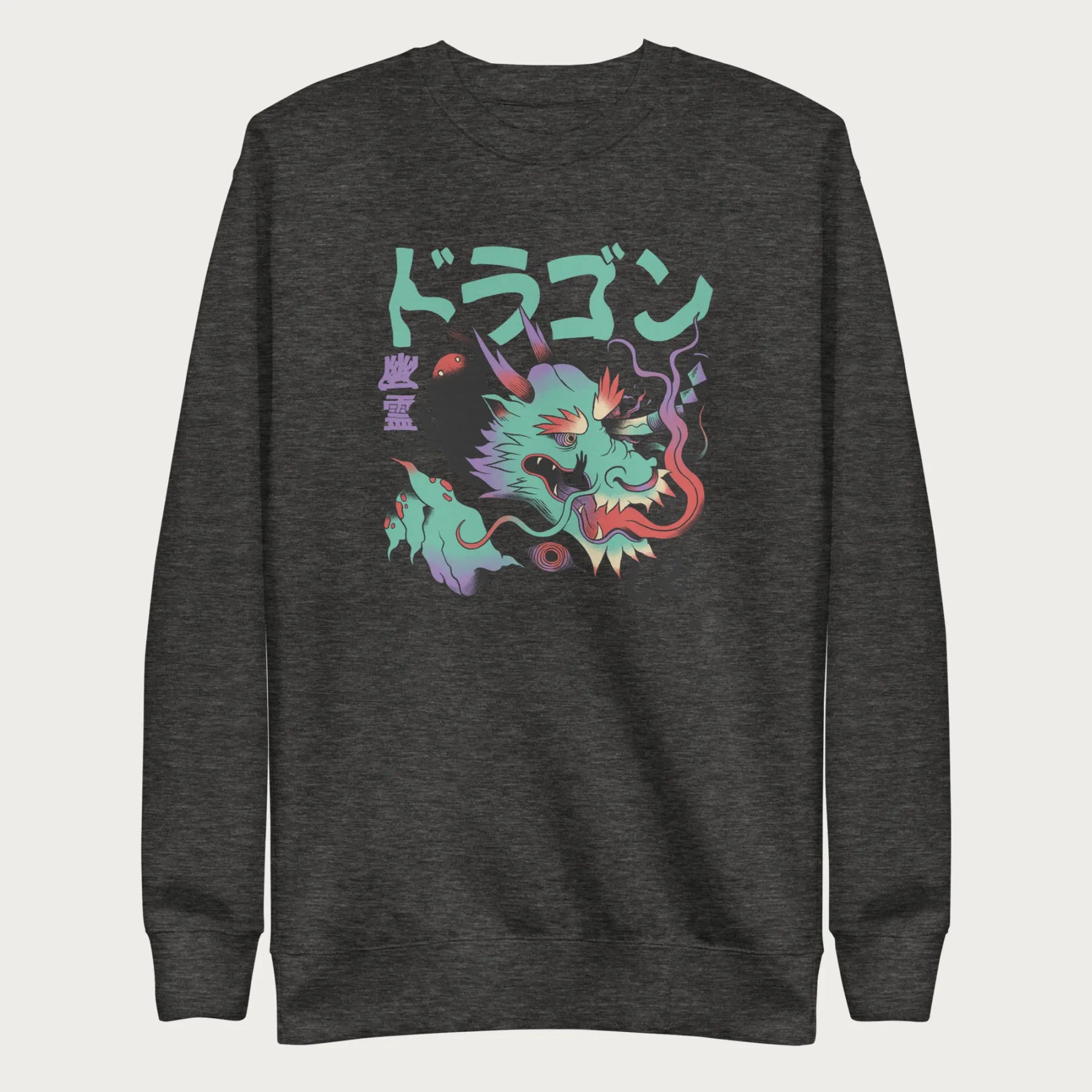 Dark grey sweatshirt with a Japanese dragon graphic featuring vibrant colors and Japanese text.