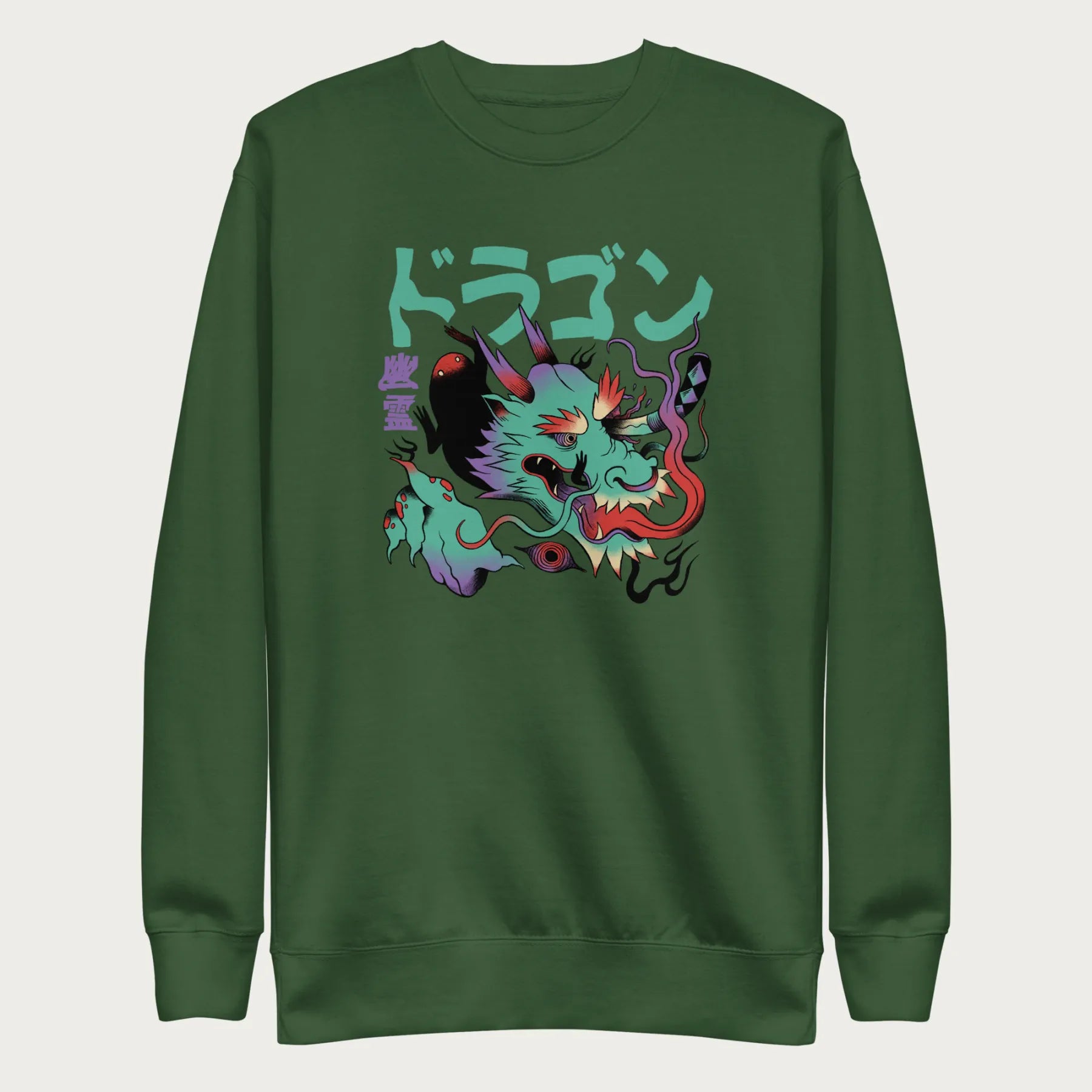 Forest green sweatshirt with a Japanese dragon graphic featuring vibrant colors and Japanese text.