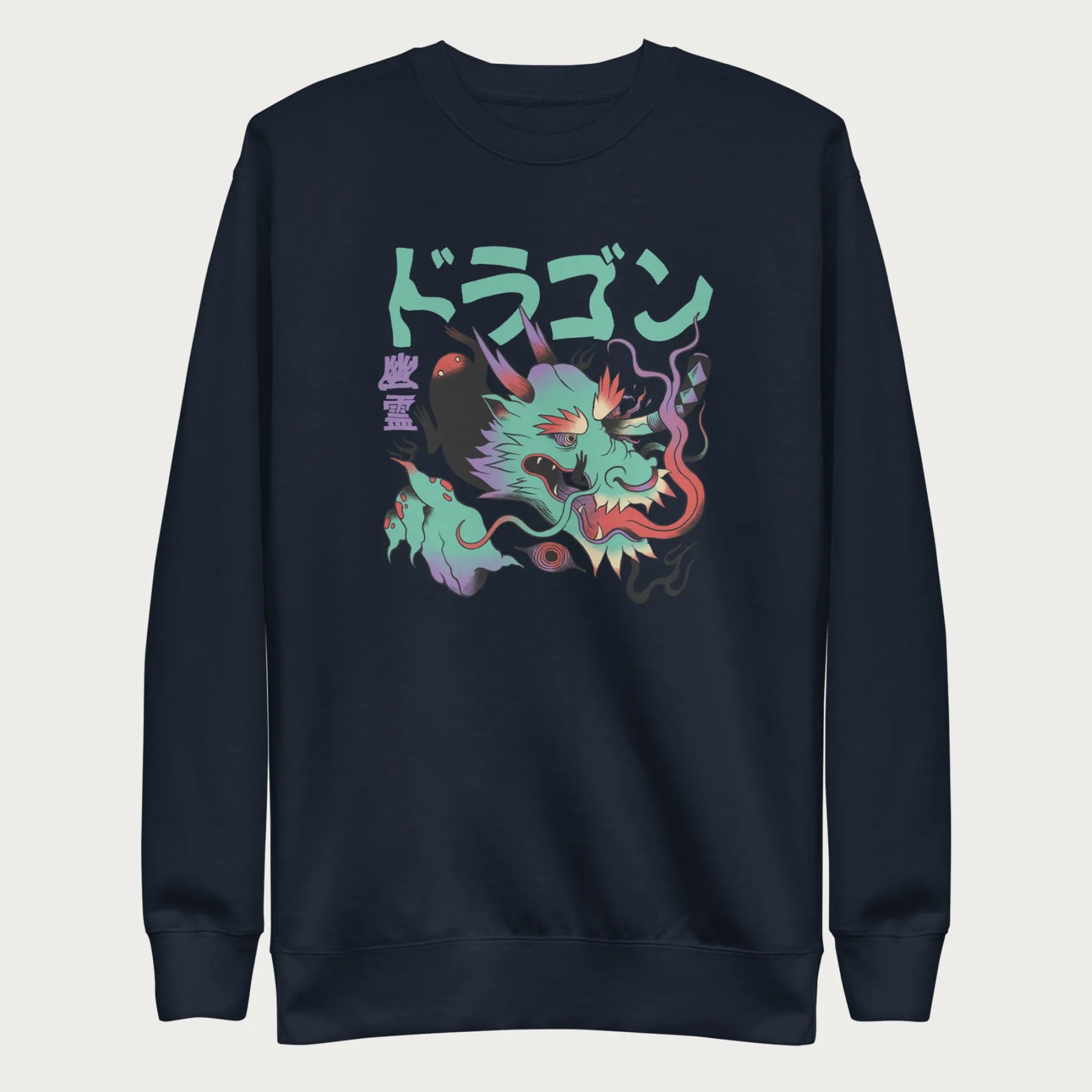 Navy blue sweatshirt with a Japanese dragon graphic featuring vibrant colors and Japanese text.