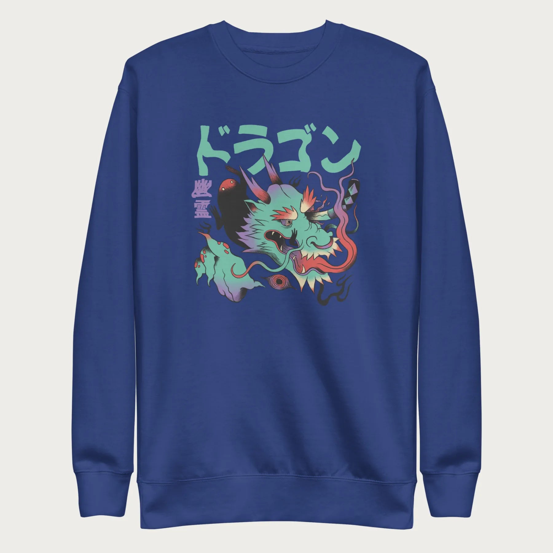 Royal blue sweatshirt with a Japanese dragon graphic featuring vibrant colors and Japanese text.
