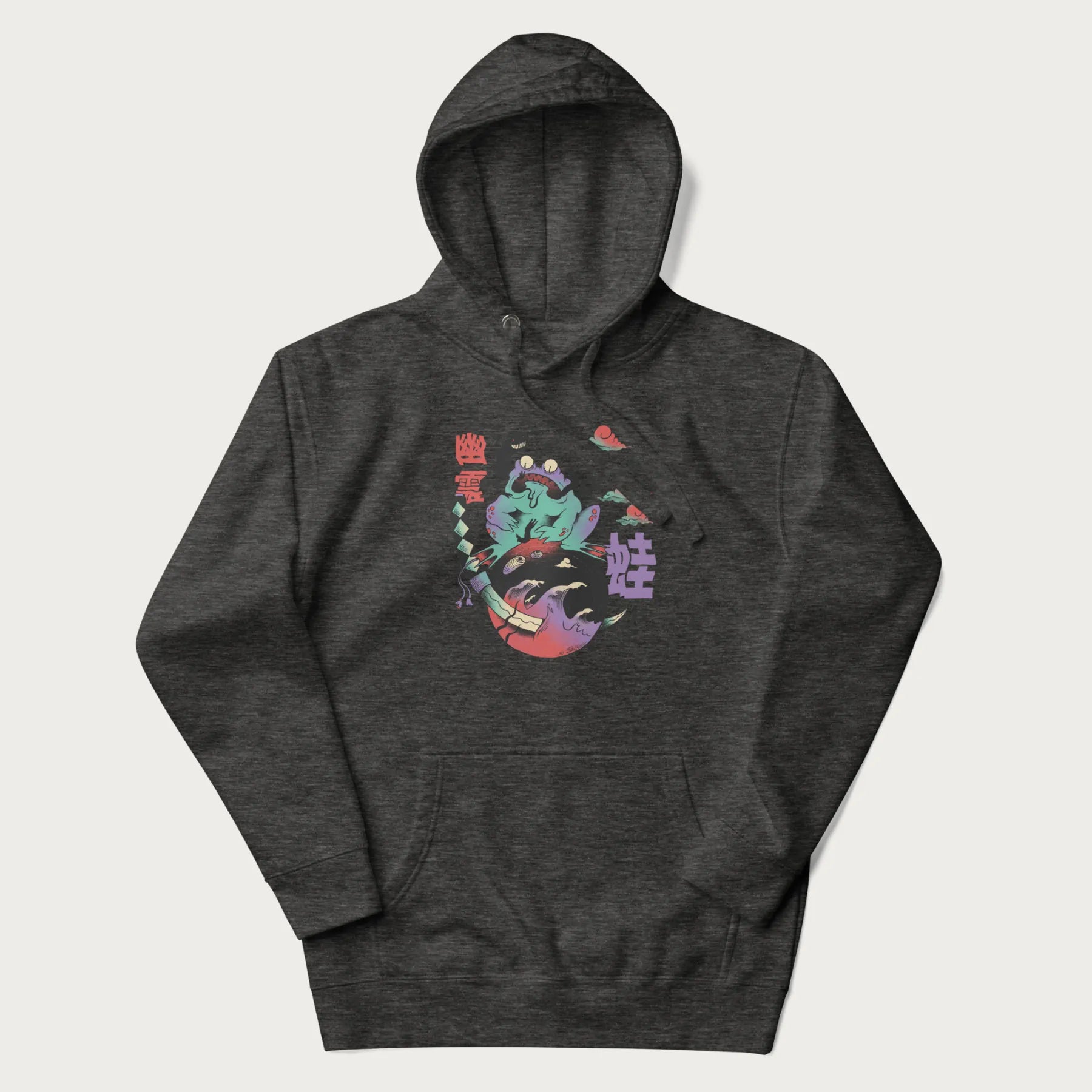 Dark grey hoodie with Japanese psychedelic graphic of a frog with text '蛙' (Frog) and '幽靈' (Ghost) in Japanese characters.