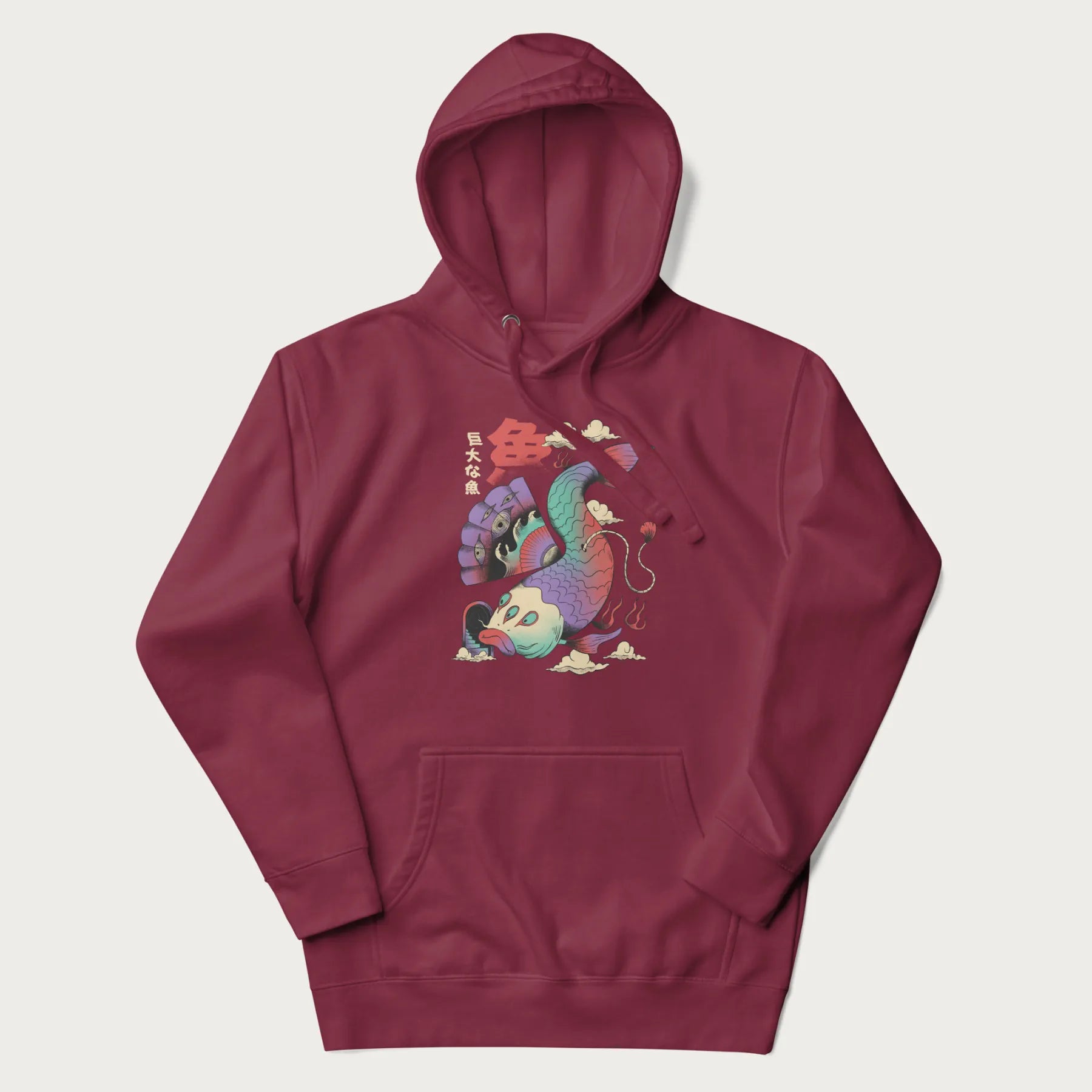 Maroon hoodie with Japanese graphic of a colorful psychedelic koi fish, with Japanese text '魚' (Fish) and '巨大な魚' (Giant Fish).