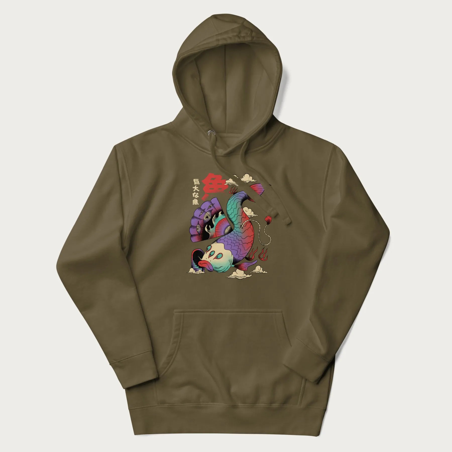 Military green hoodie with Japanese graphic of a colorful psychedelic koi fish, with Japanese text '魚' (Fish) and '巨大な魚' (Giant Fish).