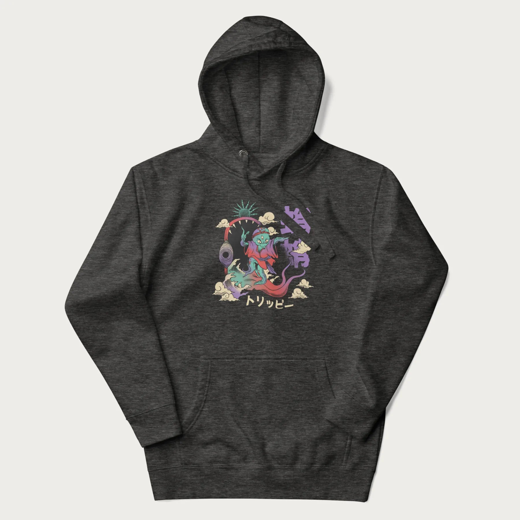 Dark grey hoodie with Japanese graphic of a colorful psychedelic octopus, with Japanese text '蛸' (Octopus) and 'トリッピー' (Trippy).