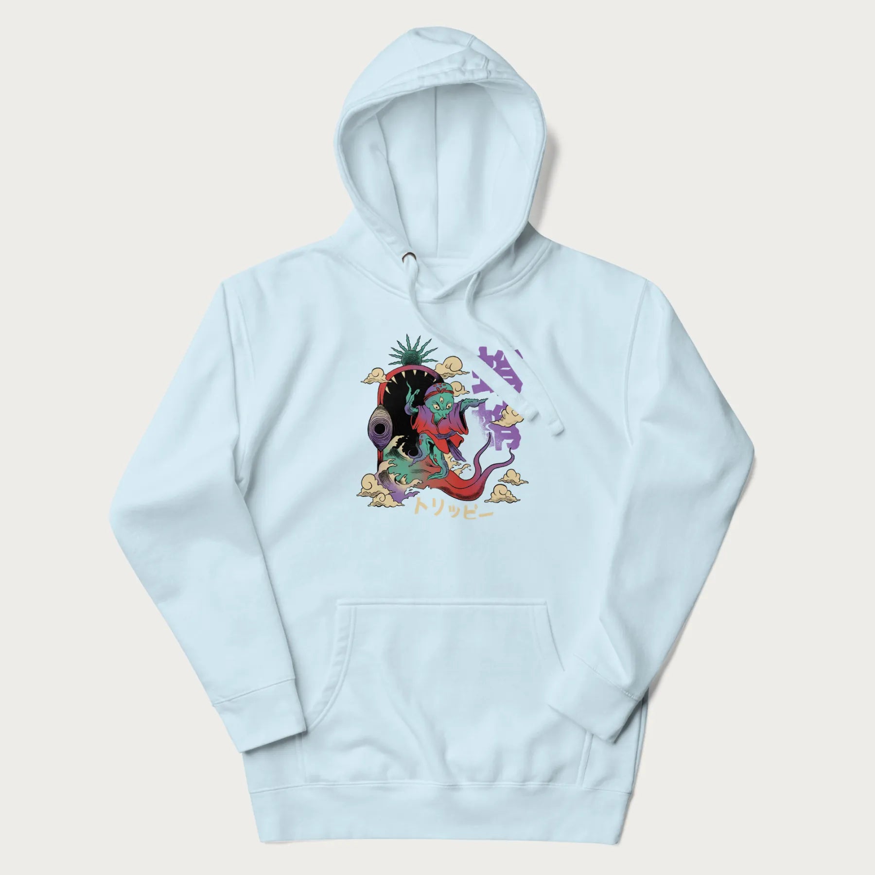 Light blue hoodie with Japanese graphic of a colorful psychedelic octopus, with Japanese text '蛸' (Octopus) and 'トリッピー' (Trippy).