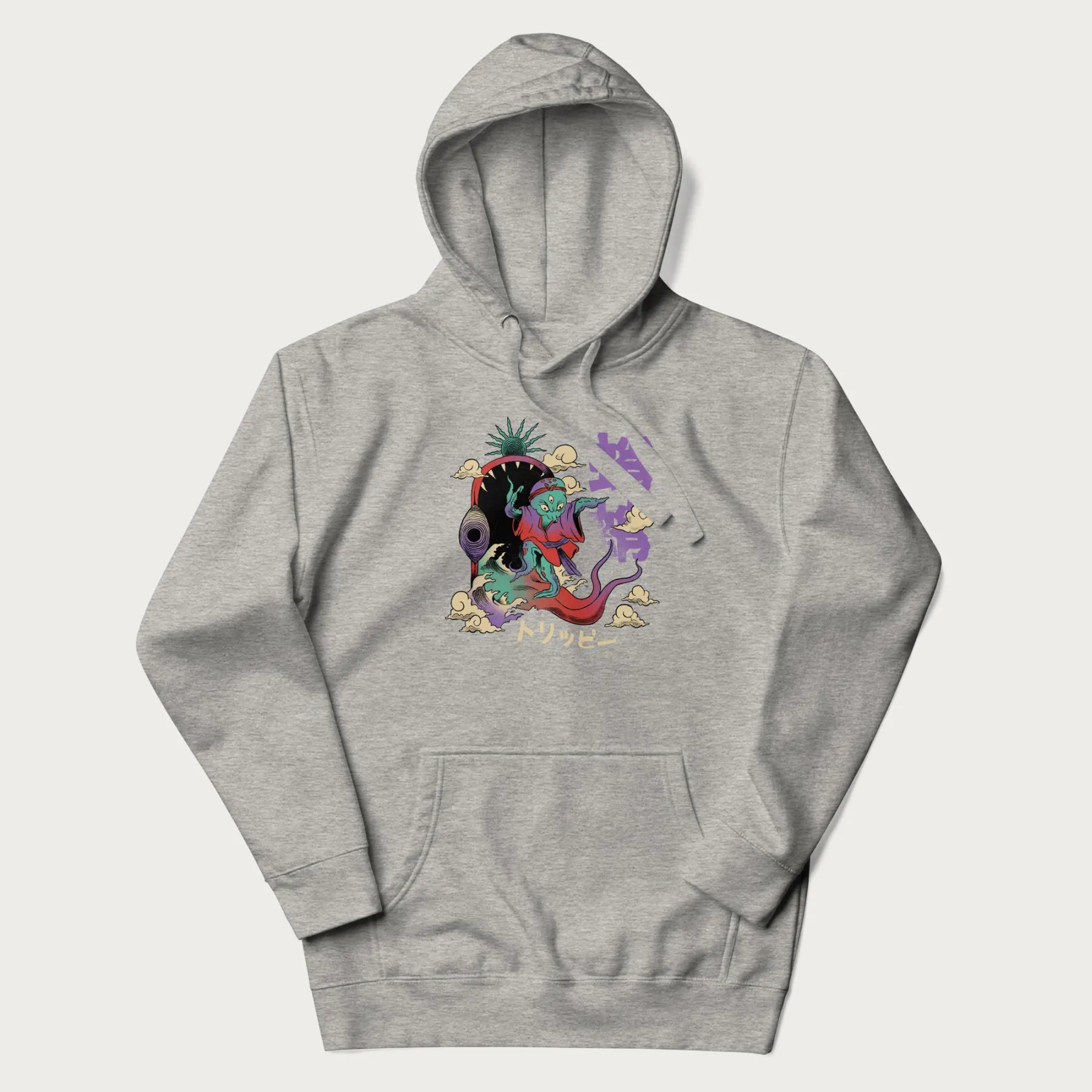 Light grey hoodie with Japanese graphic of a colorful psychedelic octopus, with Japanese text '蛸' (Octopus) and 'トリッピー' (Trippy).