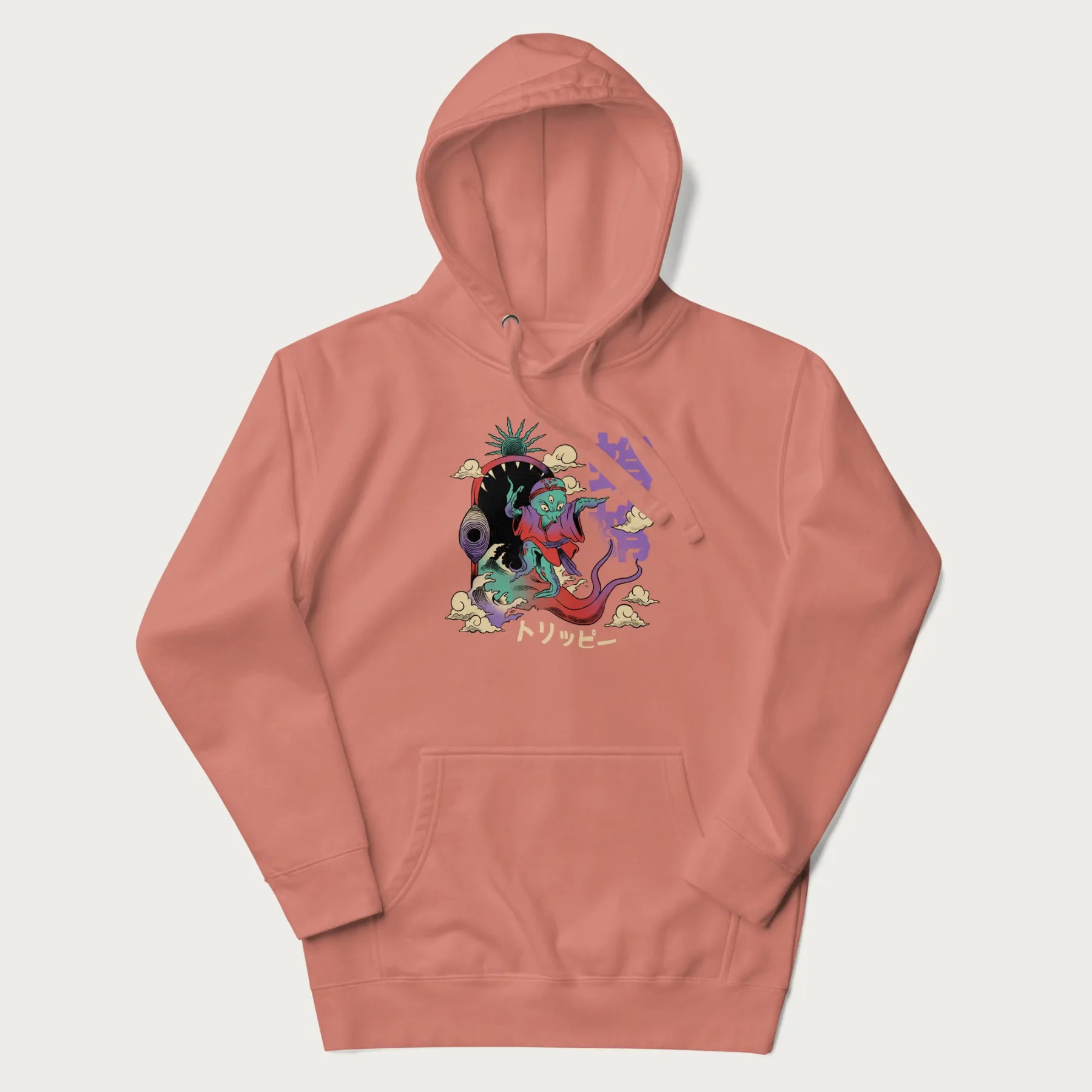 Light pink hoodie with Japanese graphic of a colorful psychedelic octopus, with Japanese text '蛸' (Octopus) and 'トリッピー' (Trippy).
