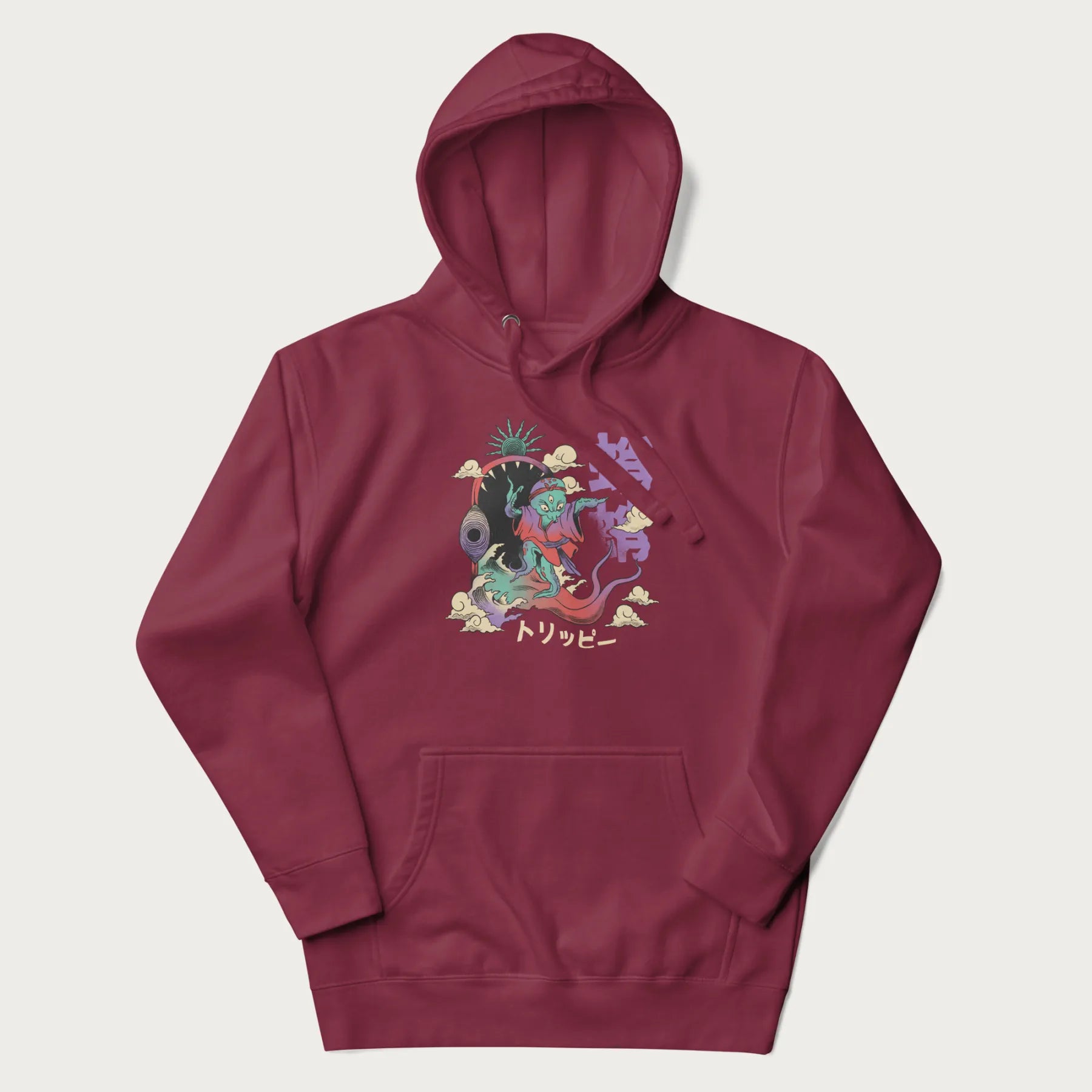 Maroon hoodie with Japanese graphic of a colorful psychedelic octopus, with Japanese text '蛸' (Octopus) and 'トリッピー' (Trippy).