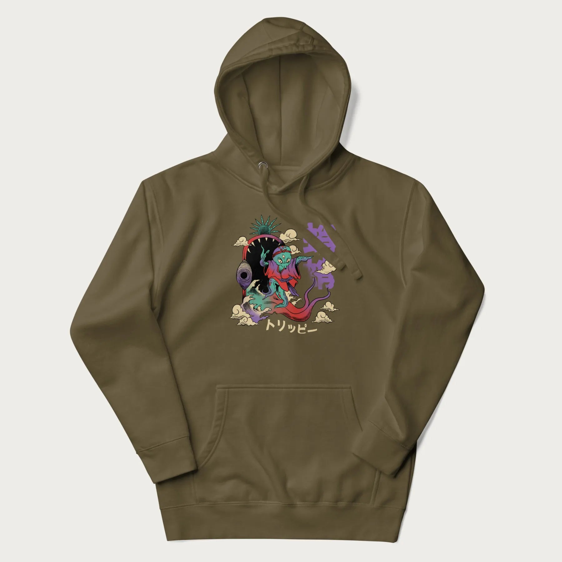 Military green hoodie with Japanese graphic of a colorful psychedelic octopus, with Japanese text '蛸' (Octopus) and 'トリッピー' (Trippy).