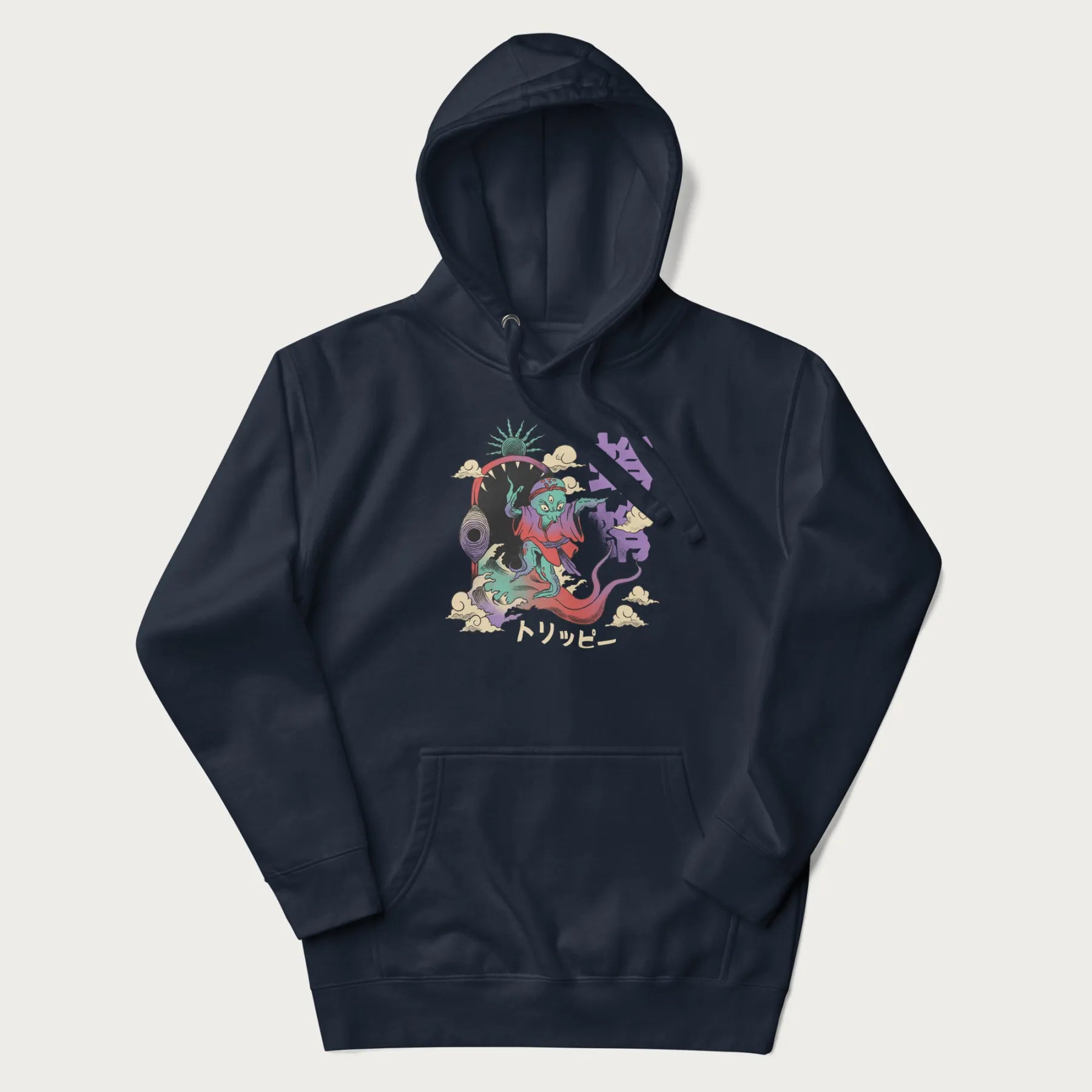 Navy blue hoodie with Japanese graphic of a colorful psychedelic octopus, with Japanese text '蛸' (Octopus) and 'トリッピー' (Trippy).