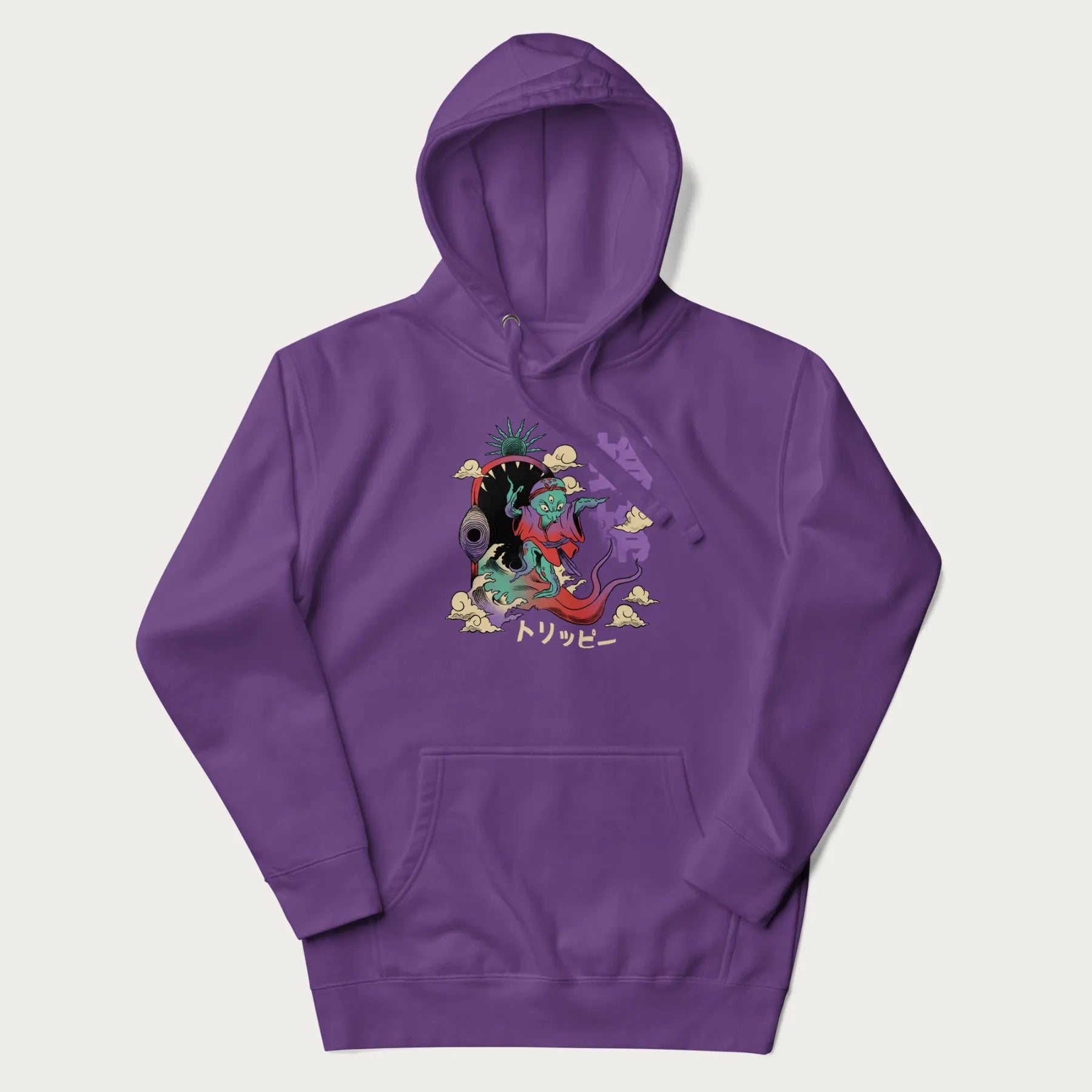 Purple hoodie with Japanese graphic of a colorful psychedelic octopus, with Japanese text '蛸' (Octopus) and 'トリッピー' (Trippy).