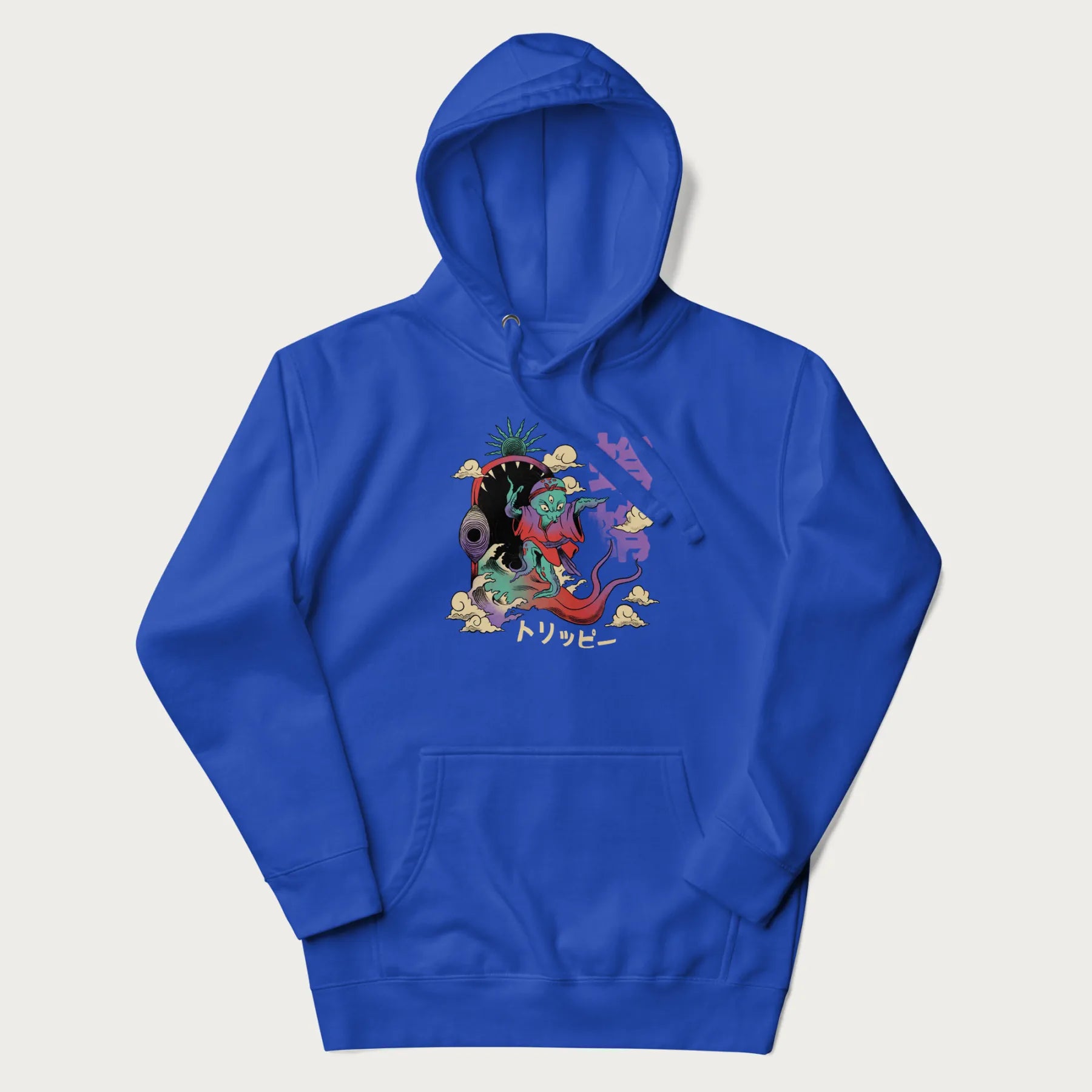 Royal blue hoodie with Japanese graphic of a colorful psychedelic octopus, with Japanese text '蛸' (Octopus) and 'トリッピー' (Trippy).