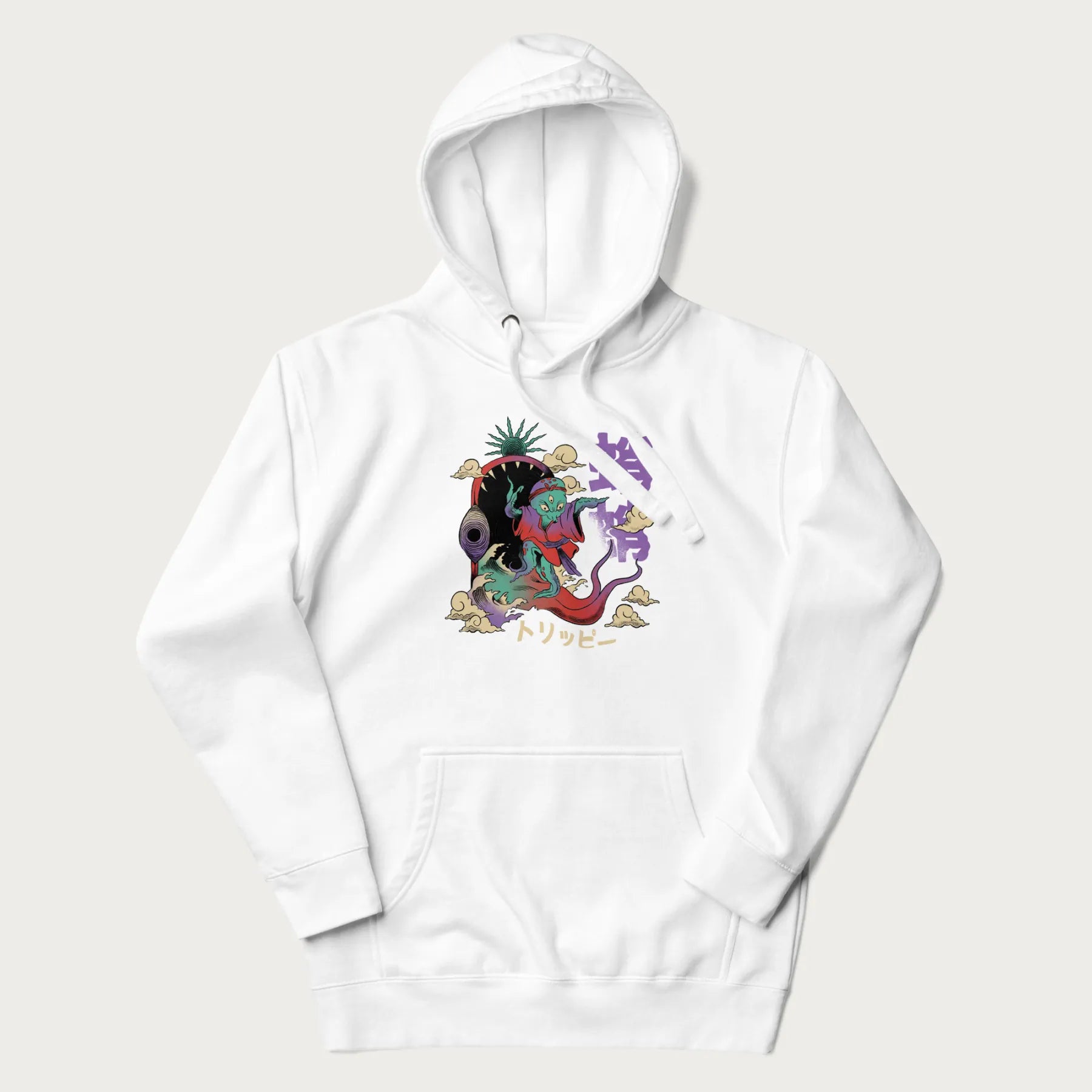 White hoodie with Japanese graphic of a colorful psychedelic octopus, with Japanese text '蛸' (Octopus) and 'トリッピー' (Trippy).