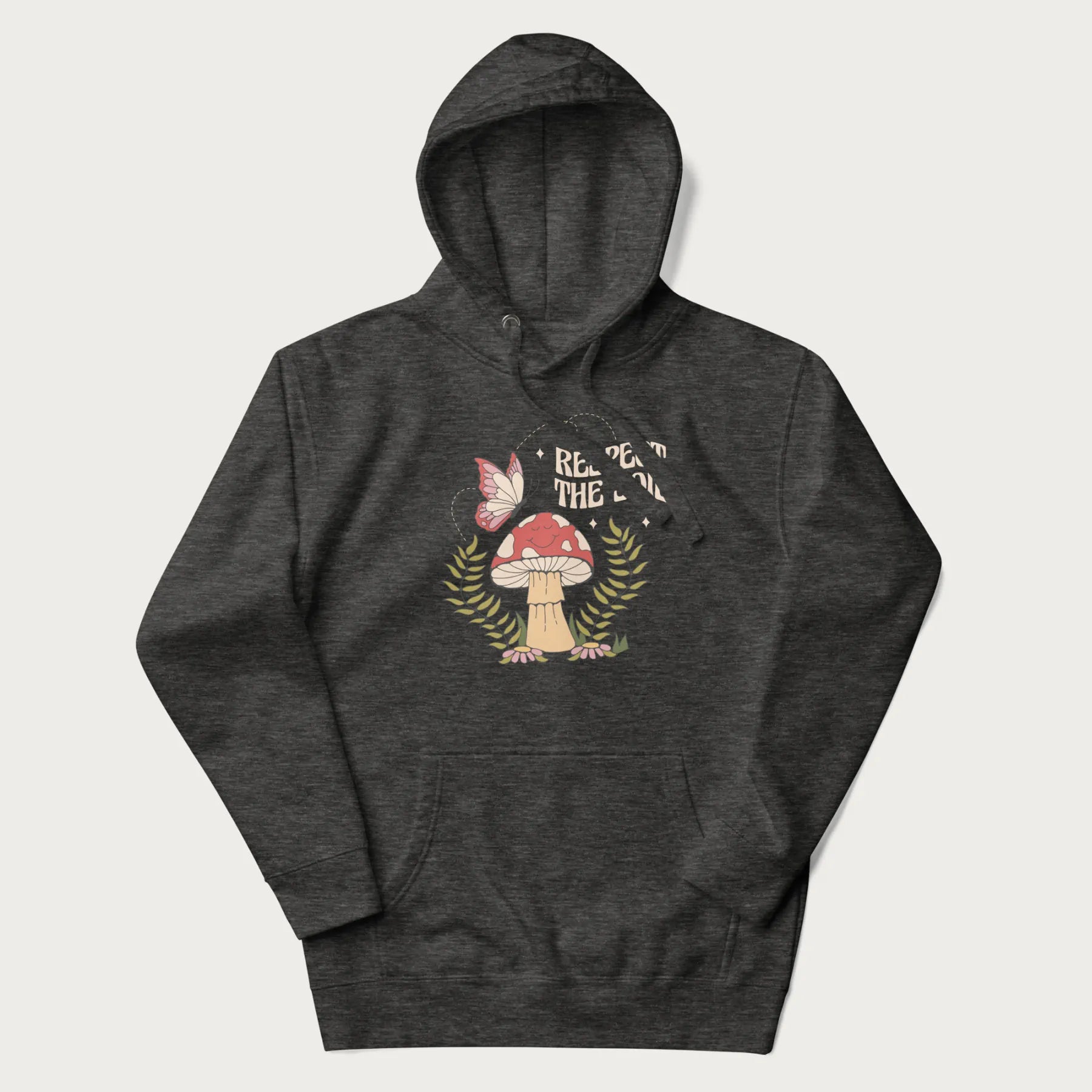 Dark grey hoodie with mushroom and butterfly design, with the text 'Respect the Soil' above it.