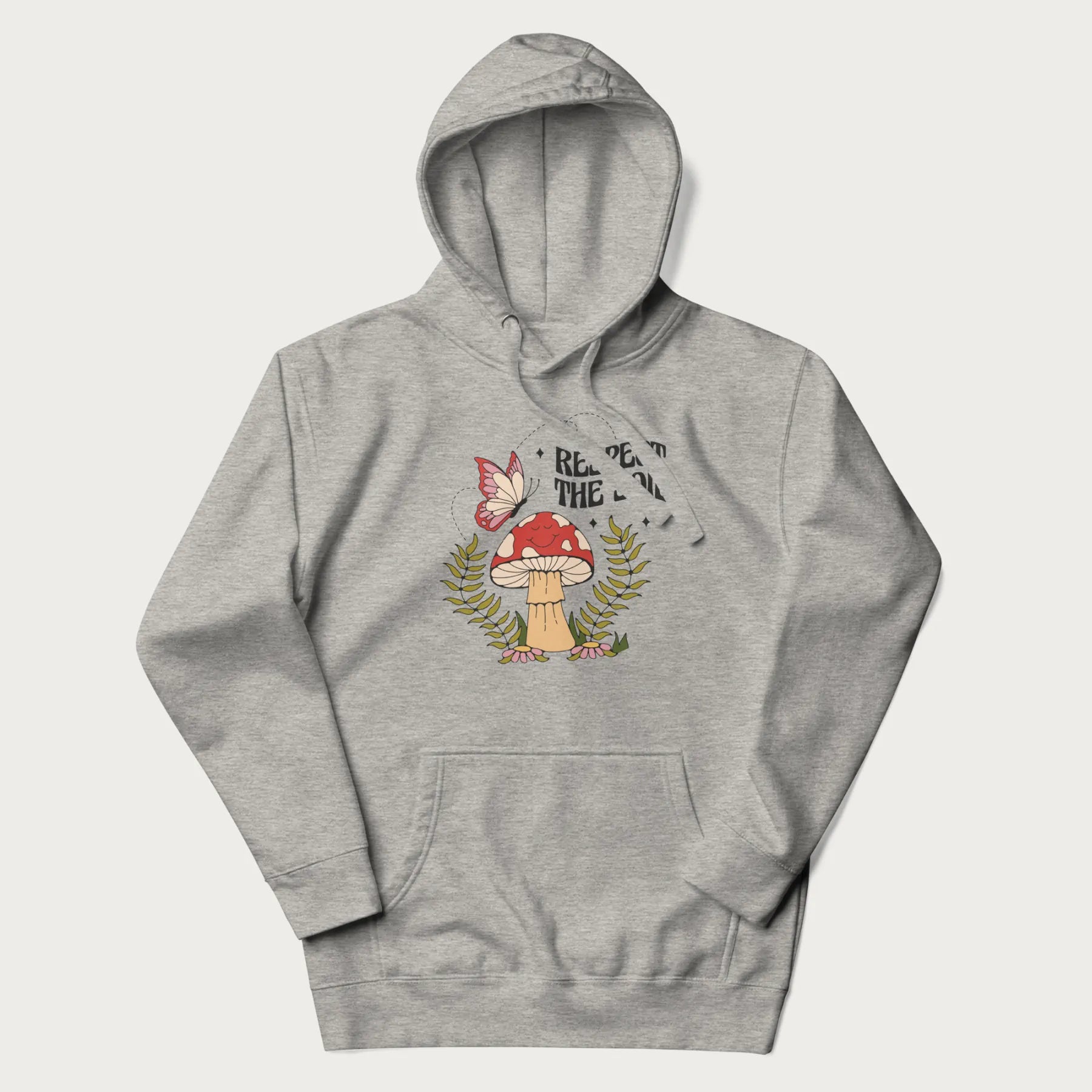 Light grey hoodie with mushroom and butterfly design, with the text 'Respect the Soil' above it.