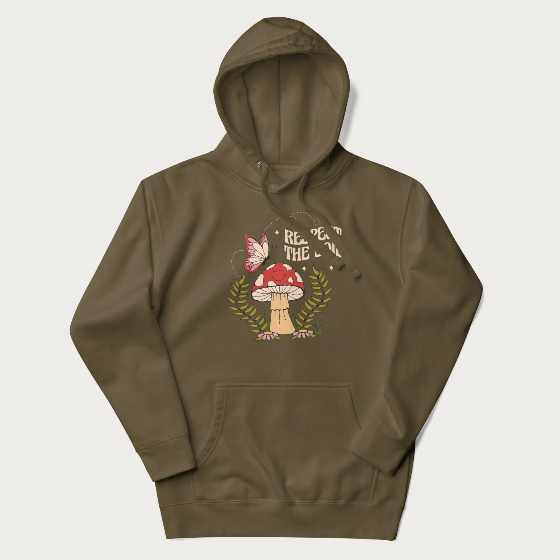 Military green hoodie with mushroom and butterfly design, with the text 'Respect the Soil' above it.
