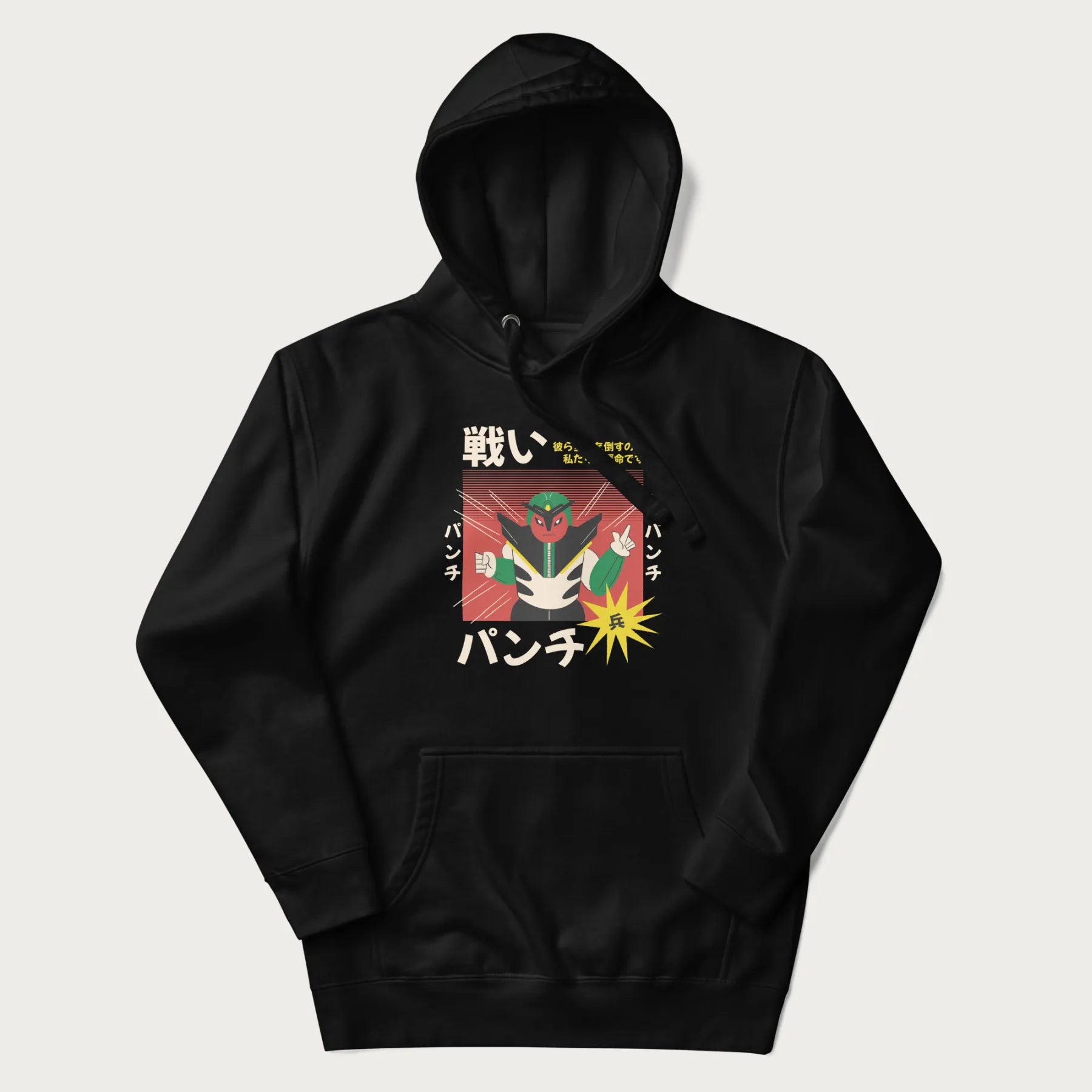 Black hoodie with Japanese retro graphic of a samurai-inspired robot and Japanese words for "Fight," "Punch," and "Soldier".