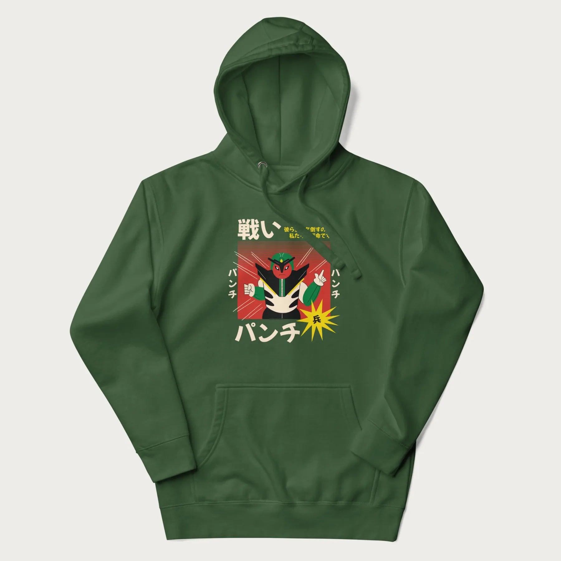 Forest green hoodie with Japanese retro graphic of a samurai-inspired robot and Japanese words for "Fight," "Punch," and "Soldier".