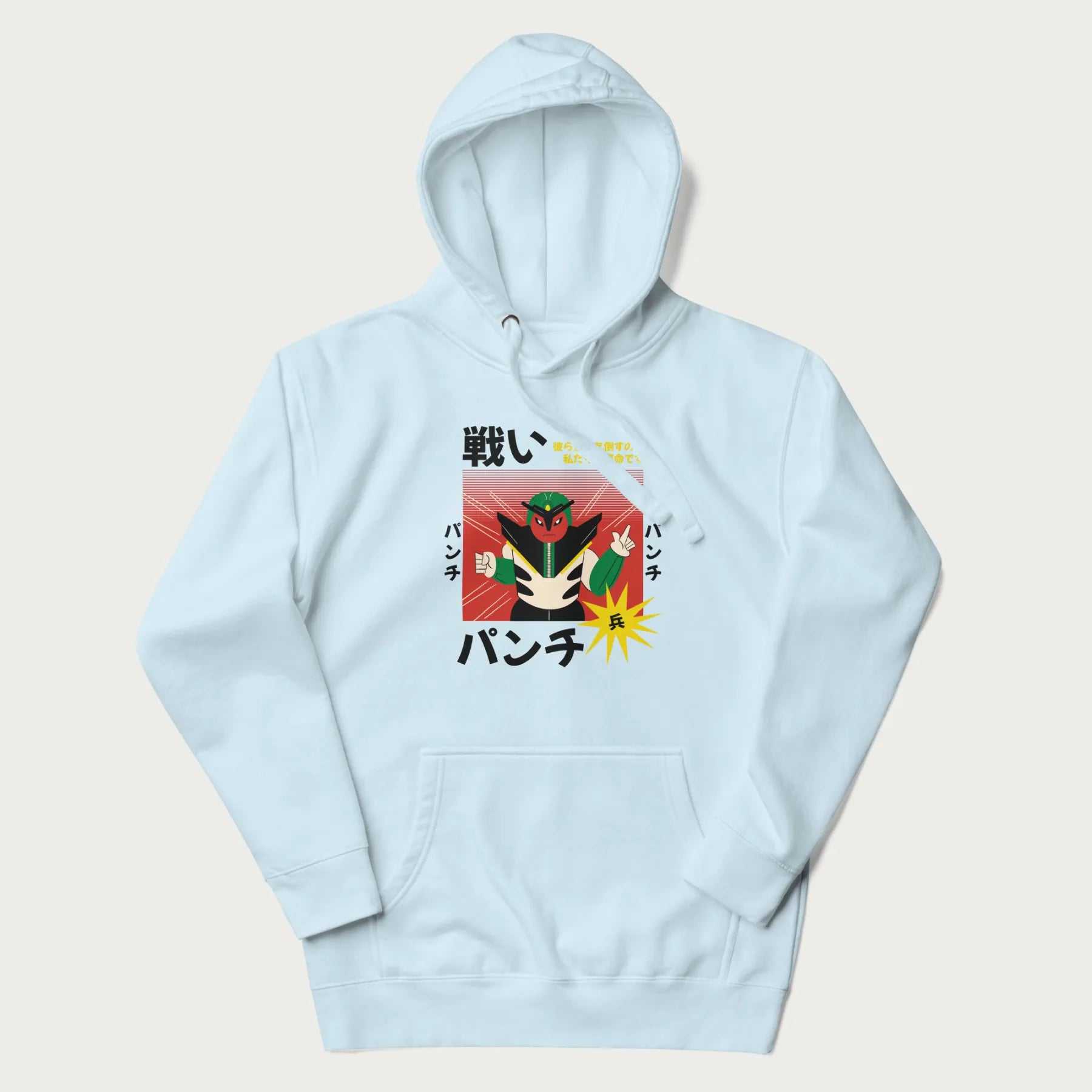 Light blue hoodie with Japanese retro graphic of a samurai-inspired robot and Japanese words for "Fight," "Punch," and "Soldier".