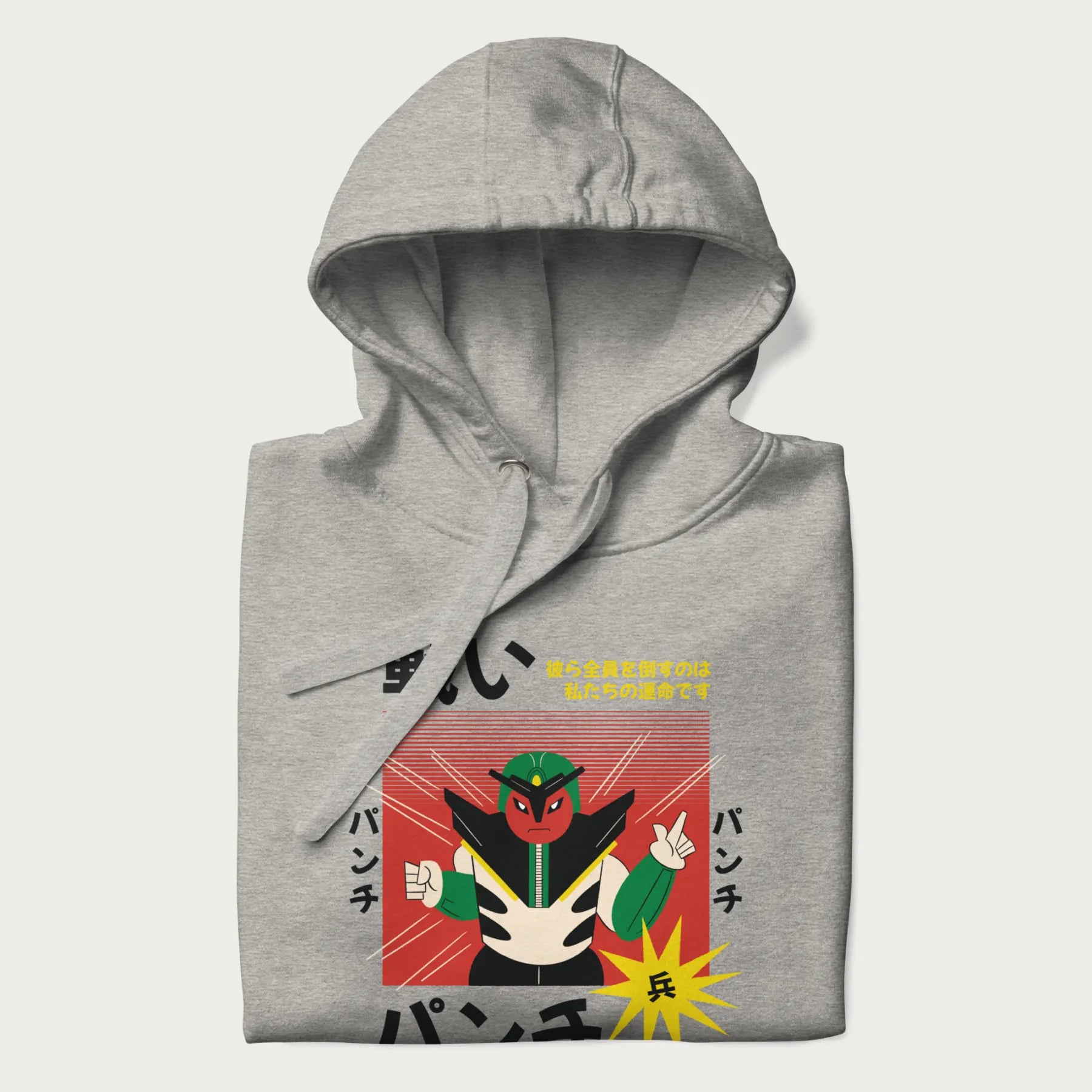 Folded light grey hoodie with Japanese retro graphic of a samurai-inspired robot and Japanese words for "Fight," "Punch," and "Soldier".