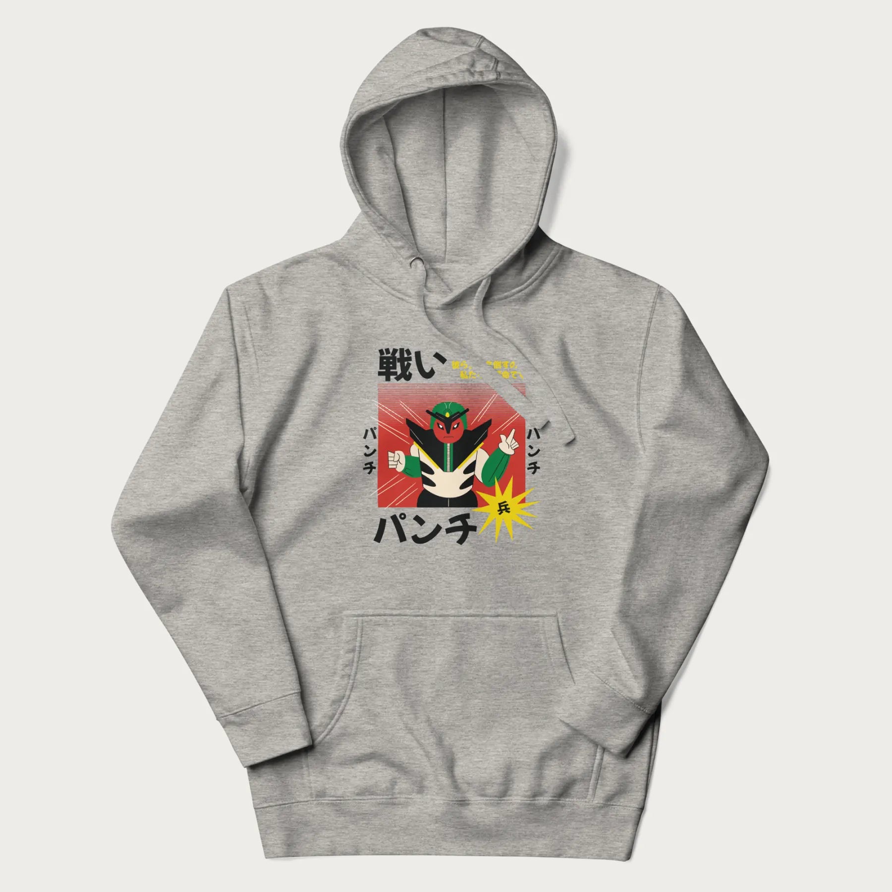 Light grey hoodie with Japanese retro graphic of a samurai-inspired robot and Japanese words for "Fight," "Punch," and "Soldier".