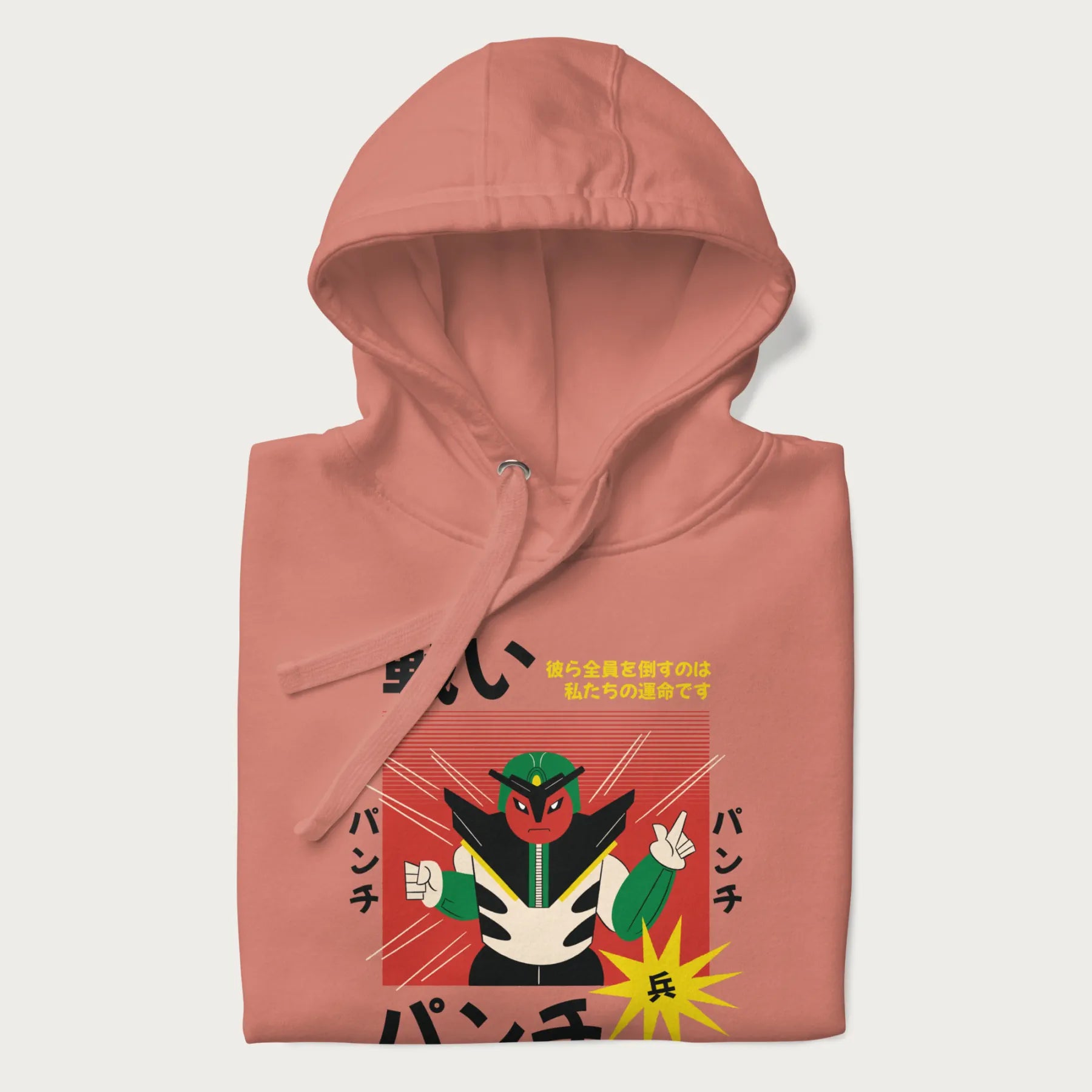 Folded light pink hoodie with Japanese retro graphic of a samurai-inspired robot and Japanese words for "Fight," "Punch," and "Soldier".