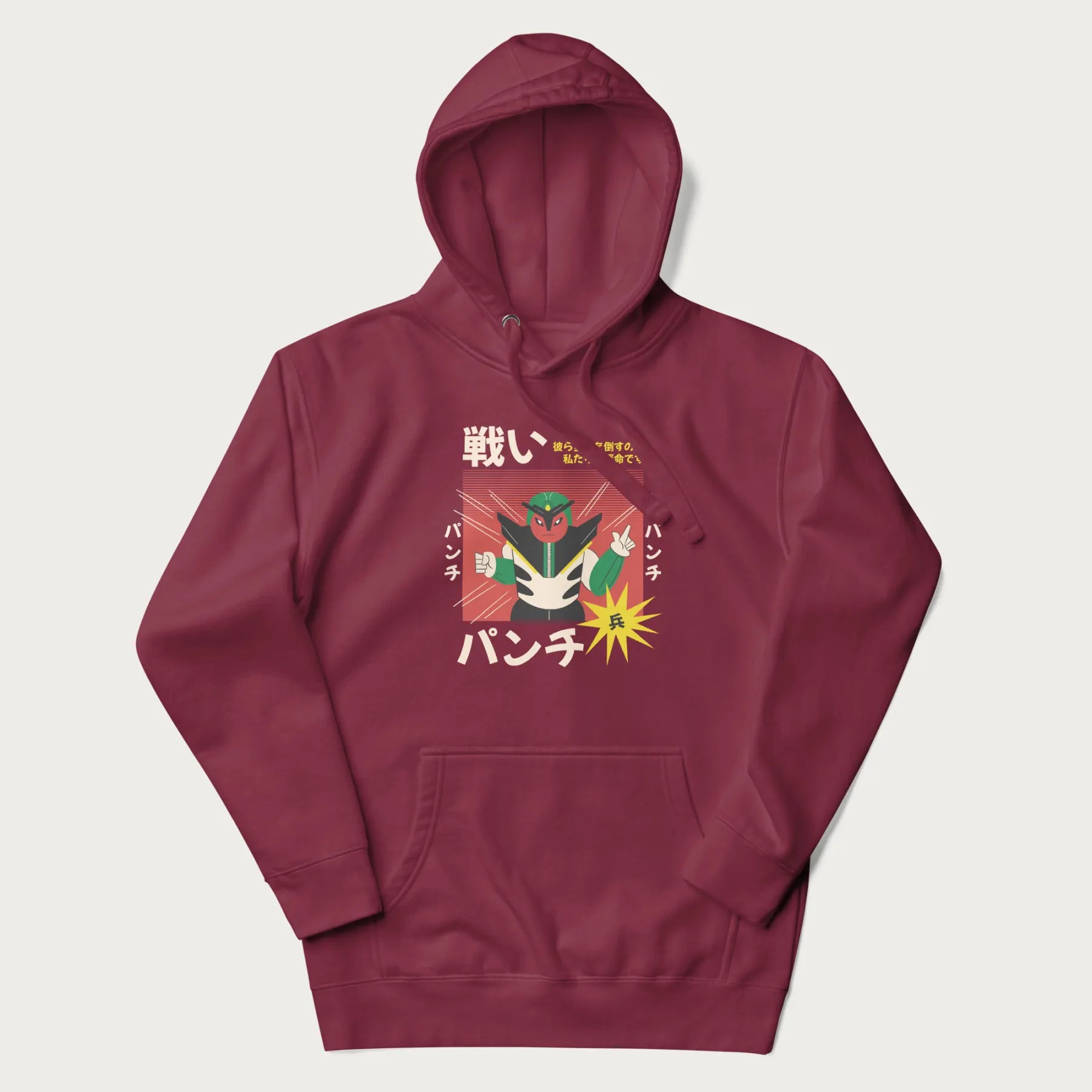 Maroon hoodie with Japanese retro graphic of a samurai-inspired robot and Japanese words for "Fight," "Punch," and "Soldier".
