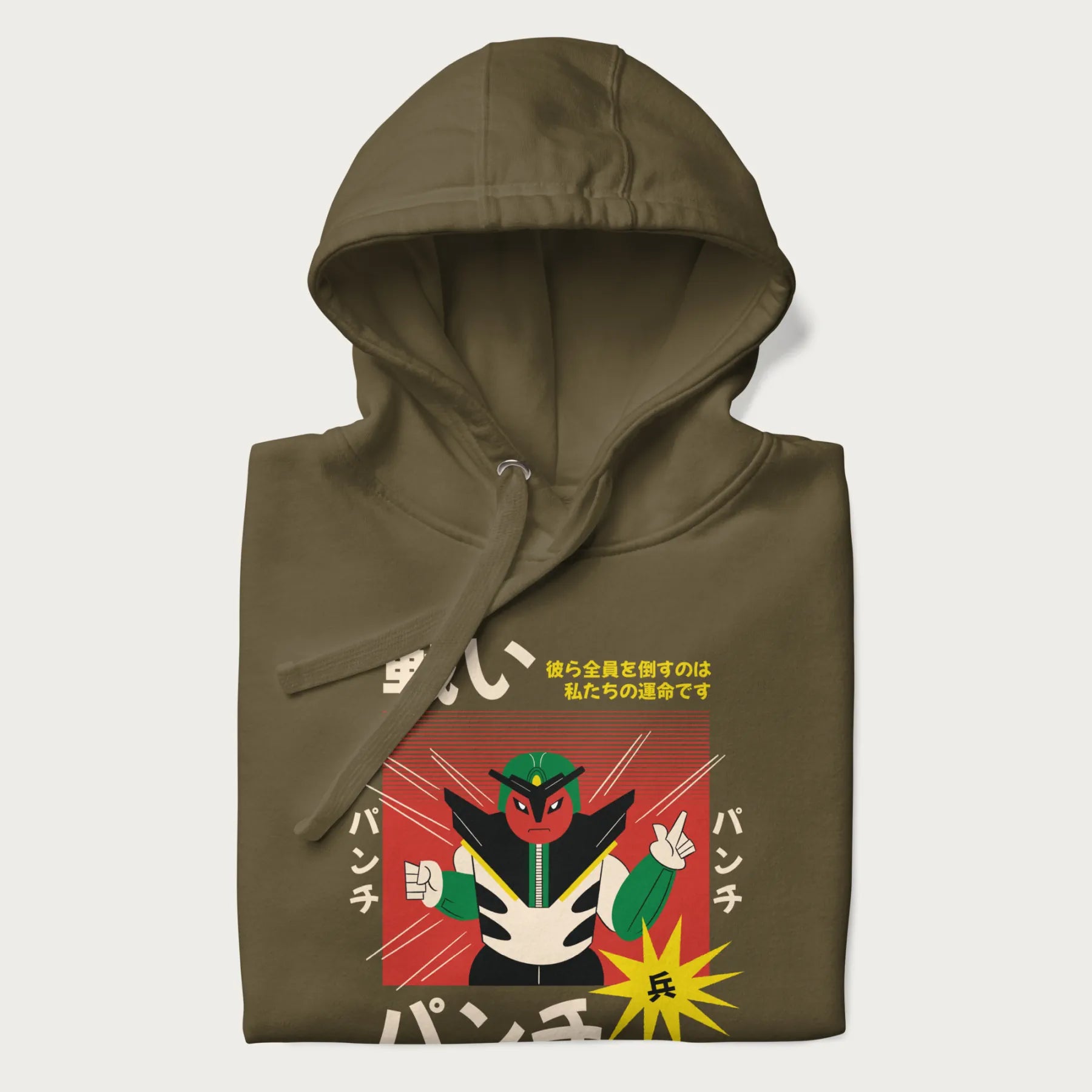 Folded military green hoodie with Japanese retro graphic of a samurai-inspired robot and Japanese words for "Fight," "Punch," and "Soldier".