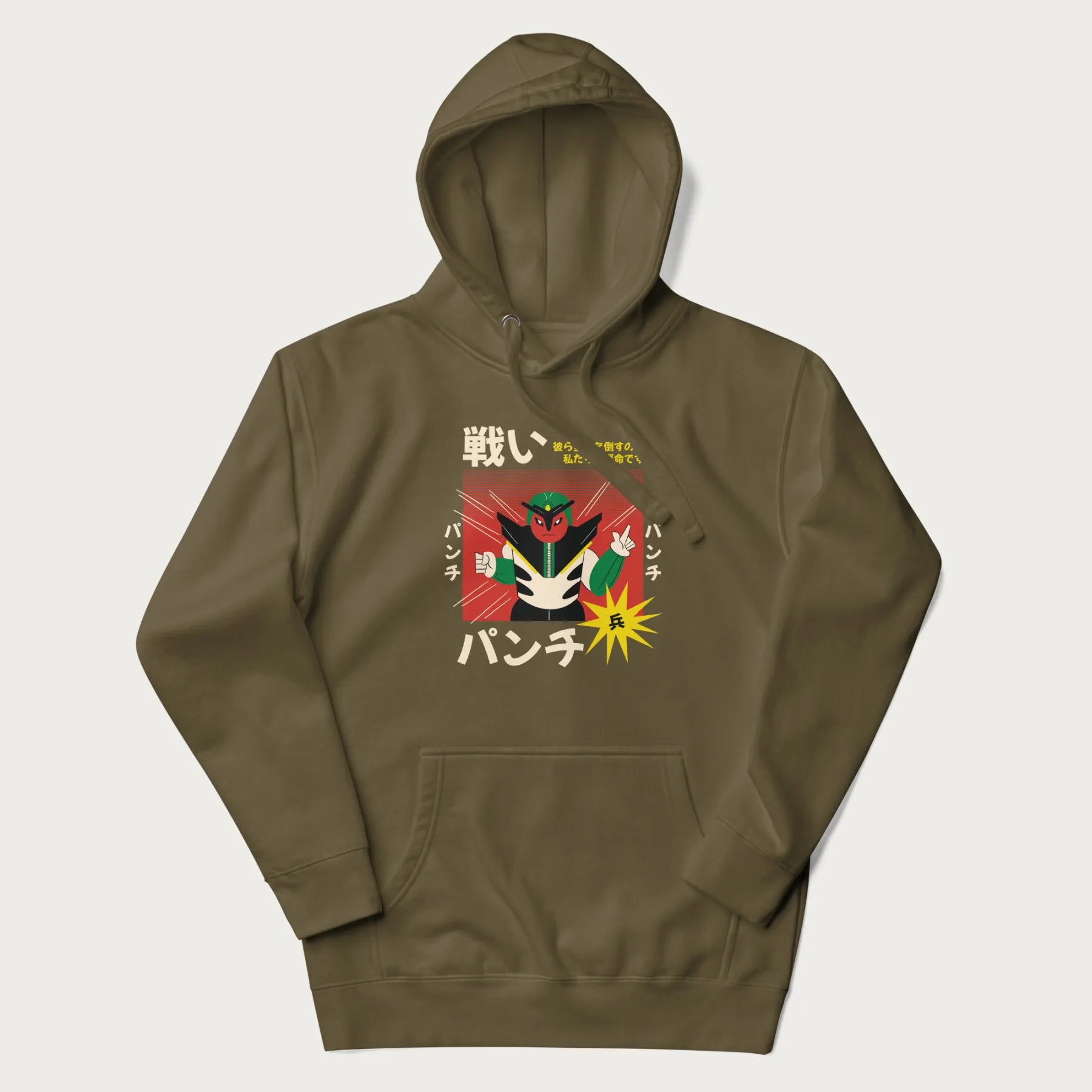 Military green hoodie with Japanese retro graphic of a samurai-inspired robot and Japanese words for "Fight," "Punch," and "Soldier".
