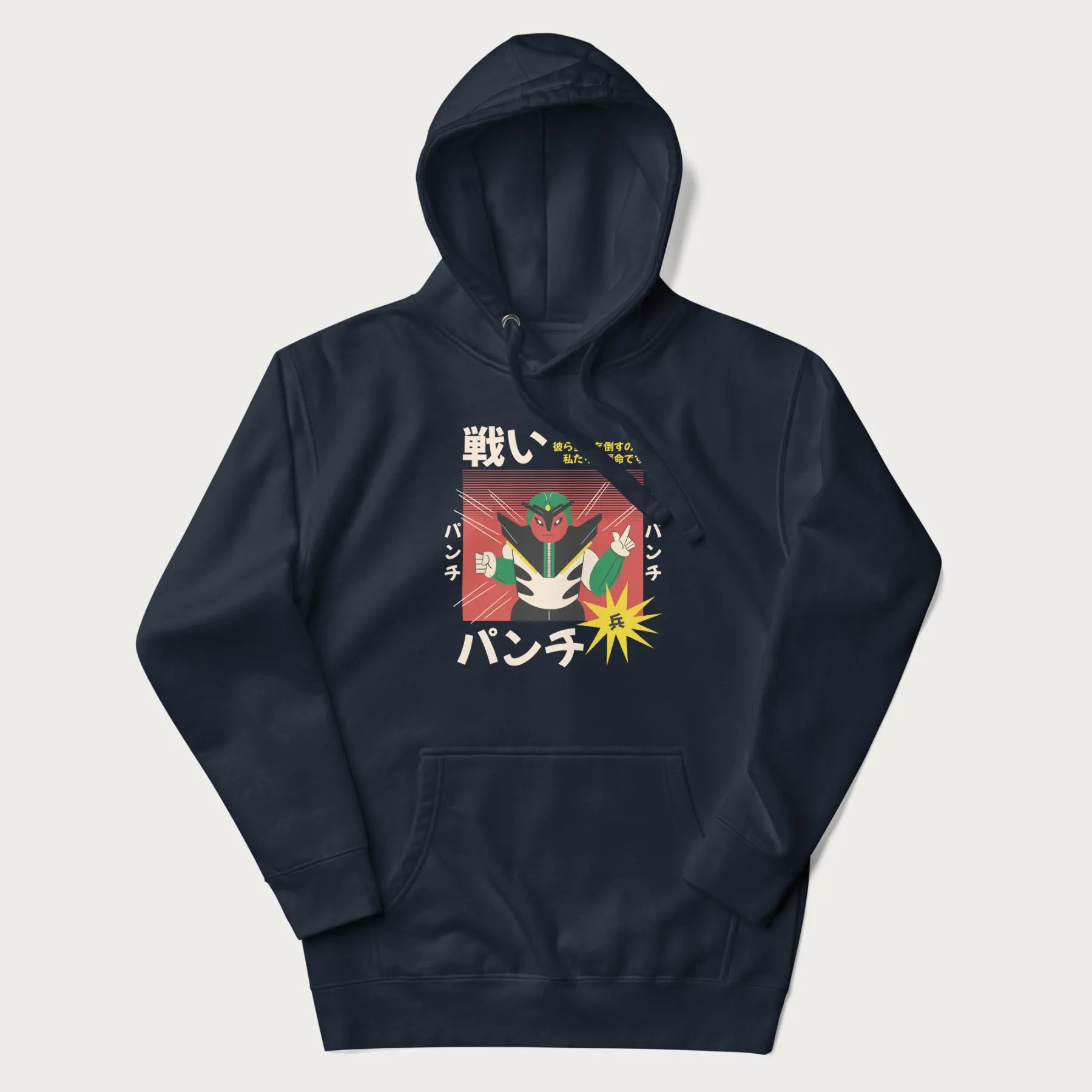 Navy blue hoodie with Japanese retro graphic of a samurai-inspired robot and Japanese words for "Fight," "Punch," and "Soldier".