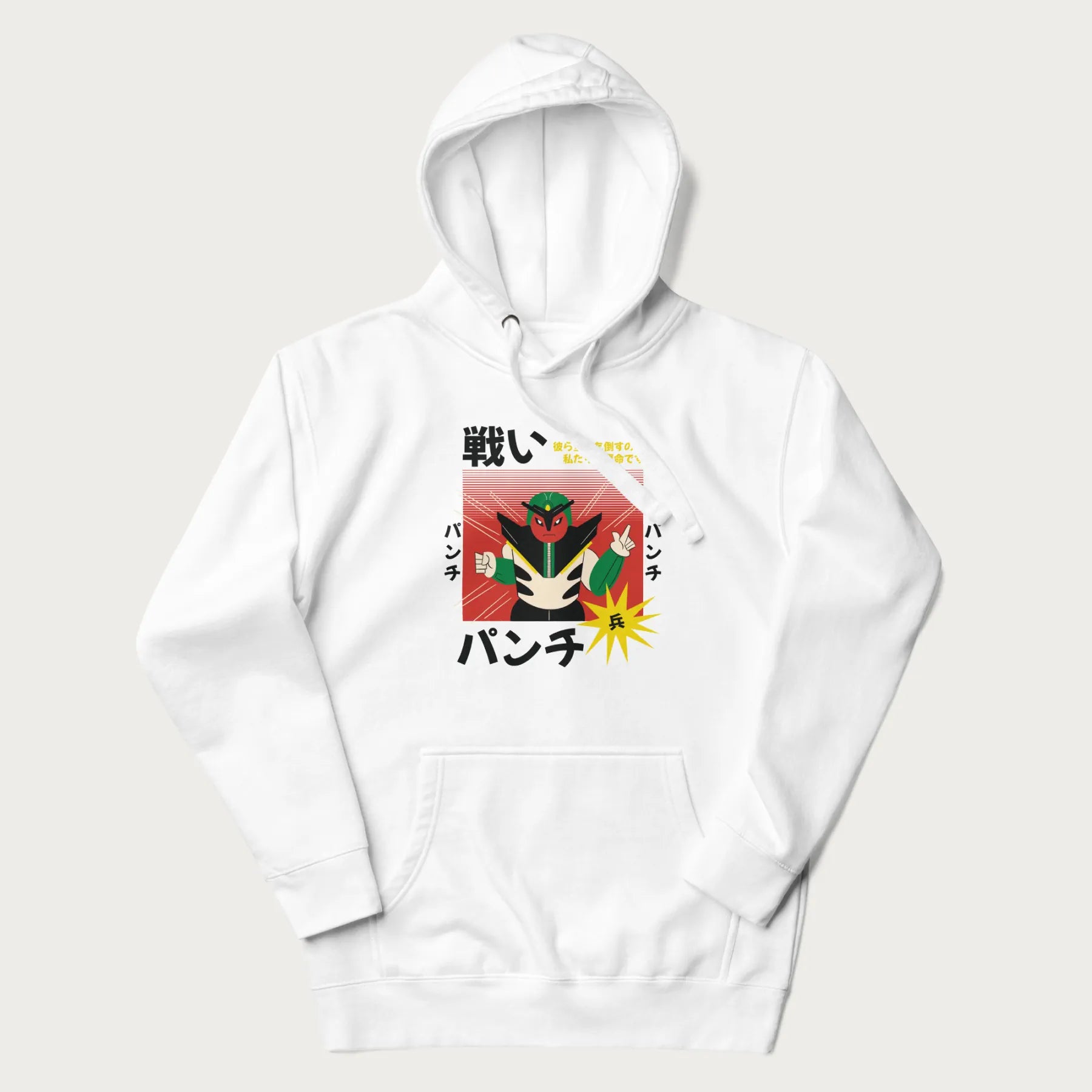White hoodie with Japanese retro graphic of a samurai-inspired robot and Japanese words for "Fight," "Punch," and "Soldier".