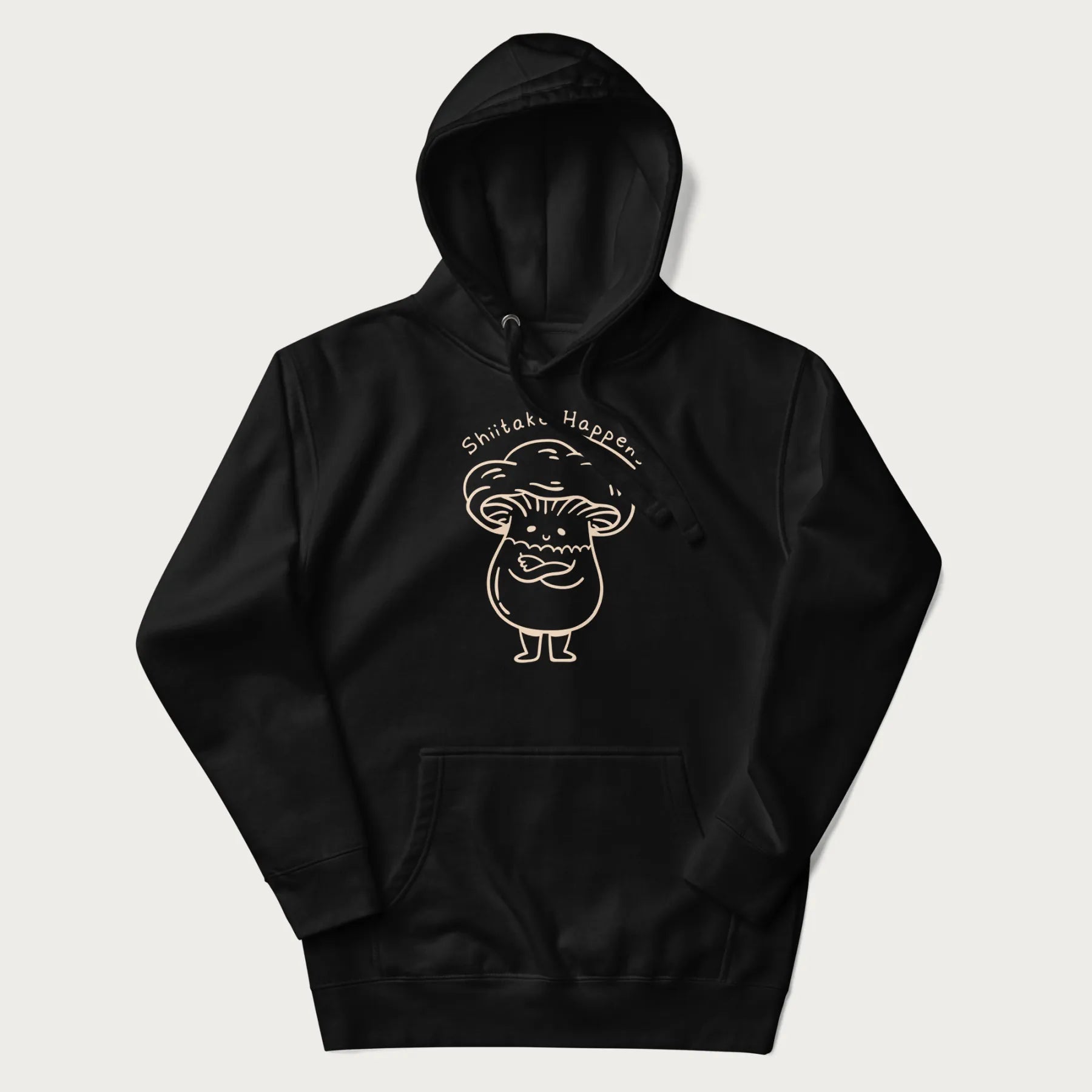 Black hoodie featuring a cute shiitake mushroom graphic with the text "Shiitake Happens."