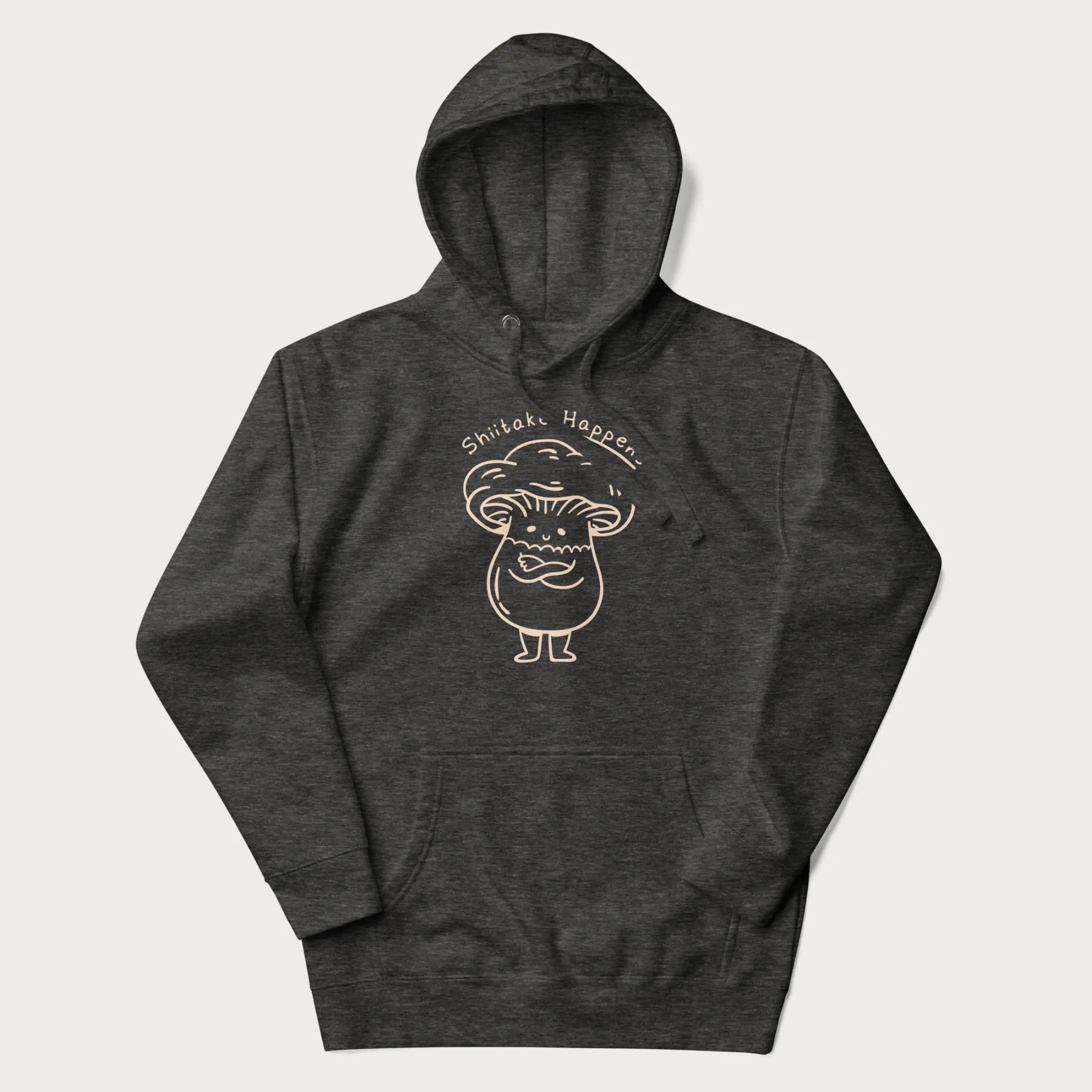 Dark grey hoodie featuring a cute shiitake mushroom graphic with the text "Shiitake Happens."