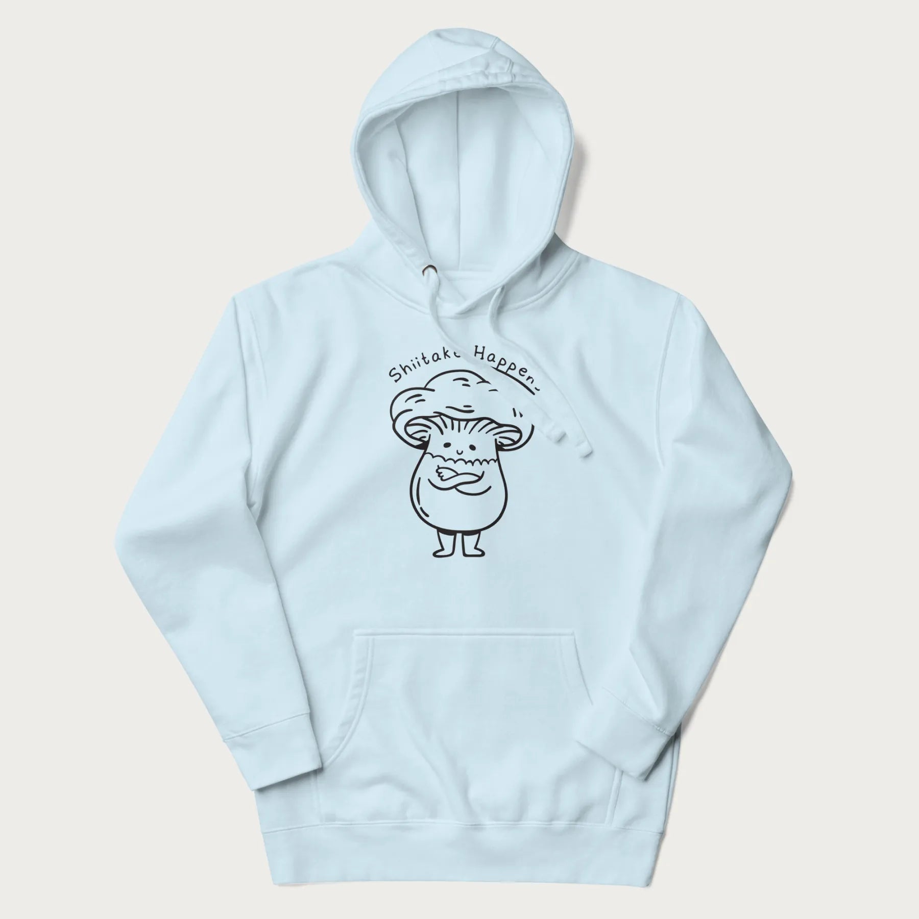 Light blue hoodie featuring a cute shiitake mushroom graphic with the text "Shiitake Happens."