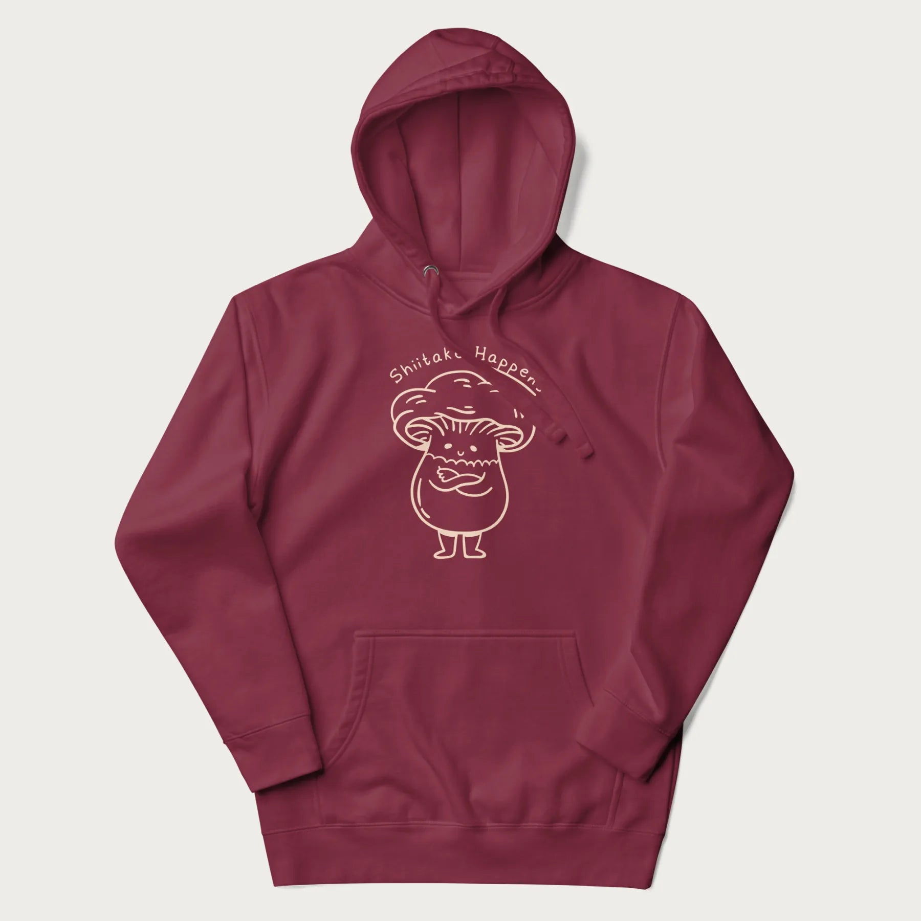 Maroon hoodie featuring a cute shiitake mushroom graphic with the text "Shiitake Happens."