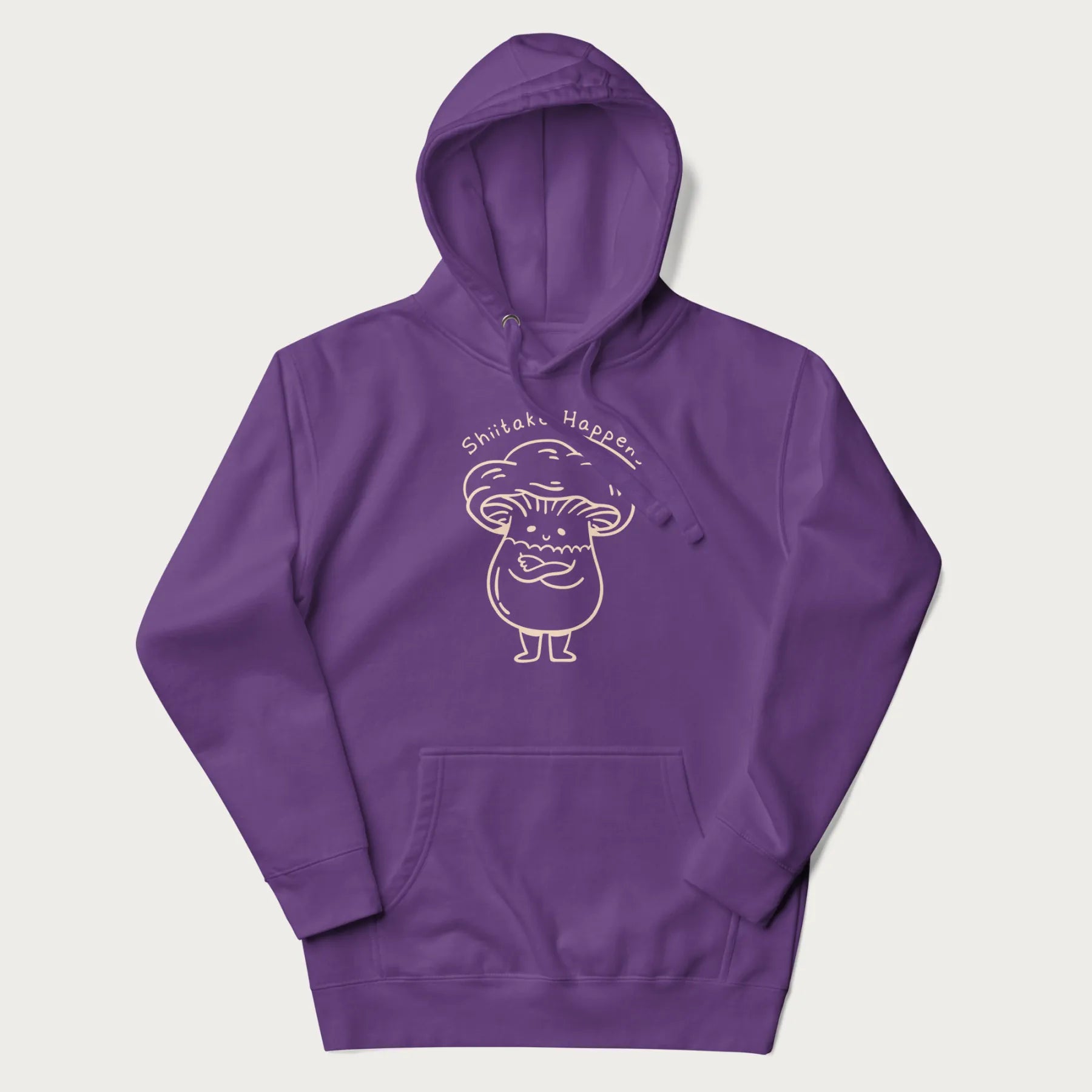 Purple hoodie featuring a cute shiitake mushroom graphic with the text "Shiitake Happens."